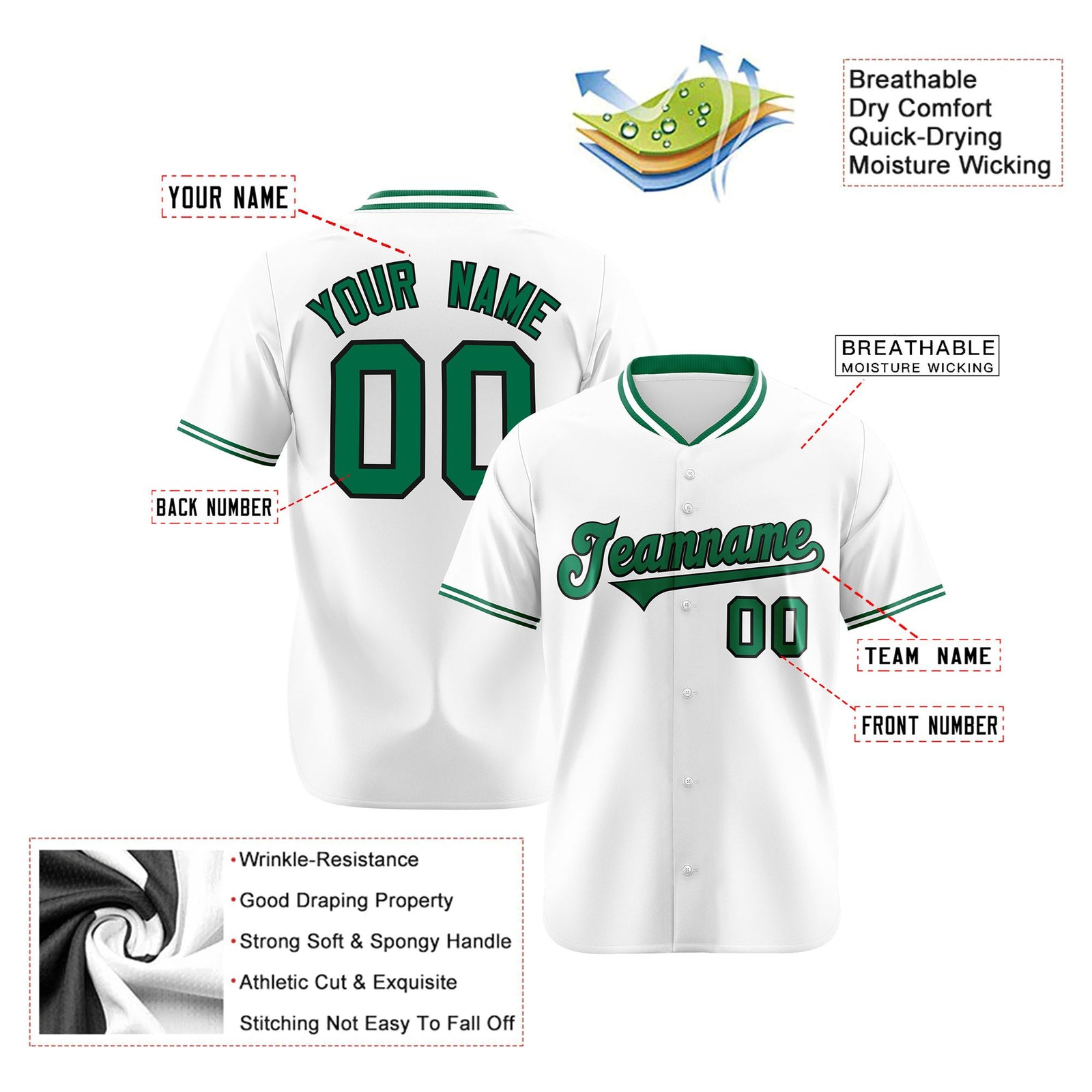 Custom White Kelly Green Black Authentic Baseball Jersey
