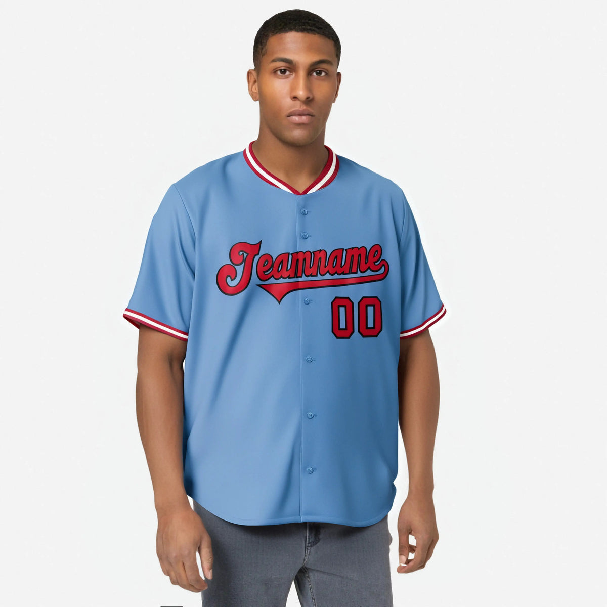 Custom Light Blue-Red -White Authentic Baseball Jersey