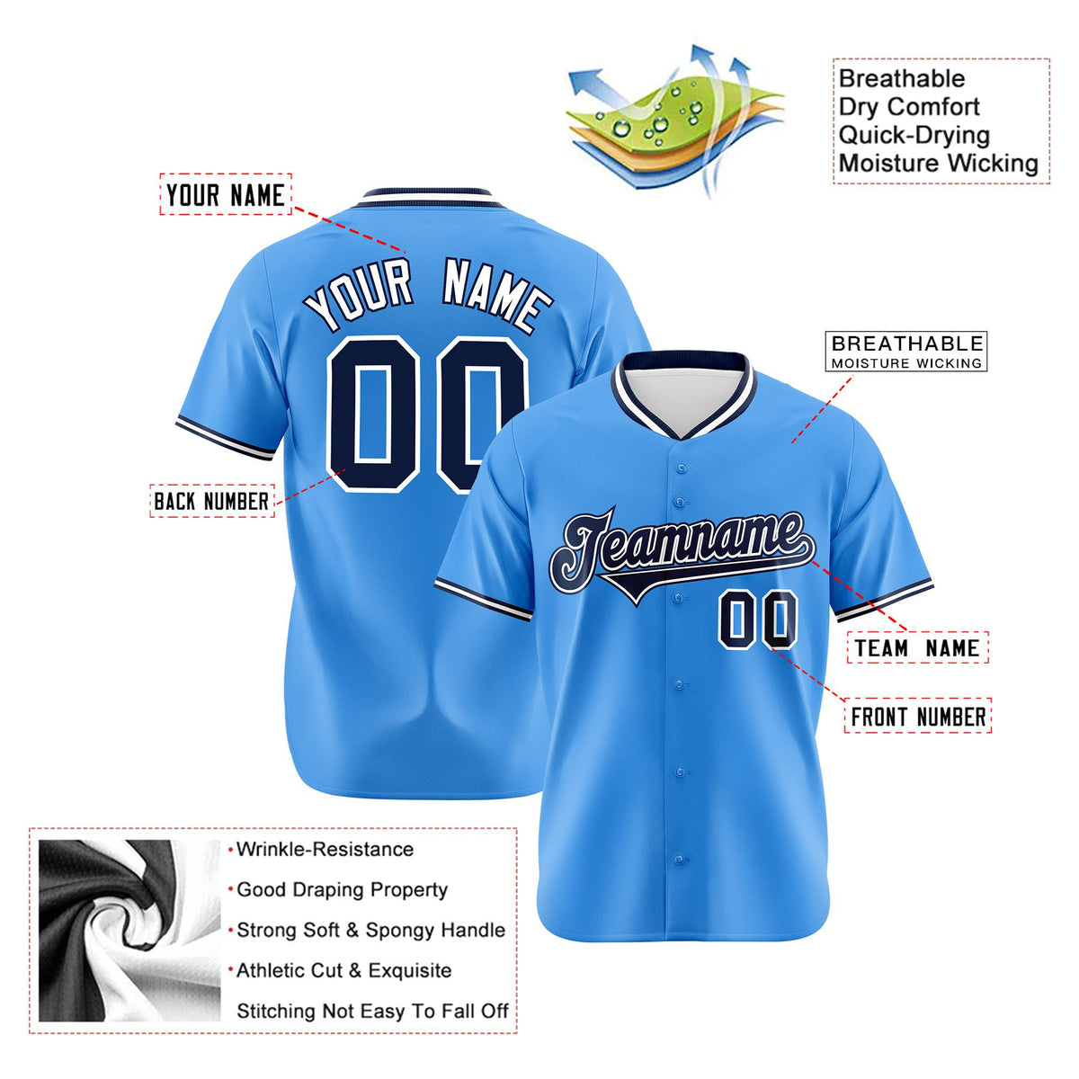 Custom Powder Blue Navy White Authentic Baseball Jersey