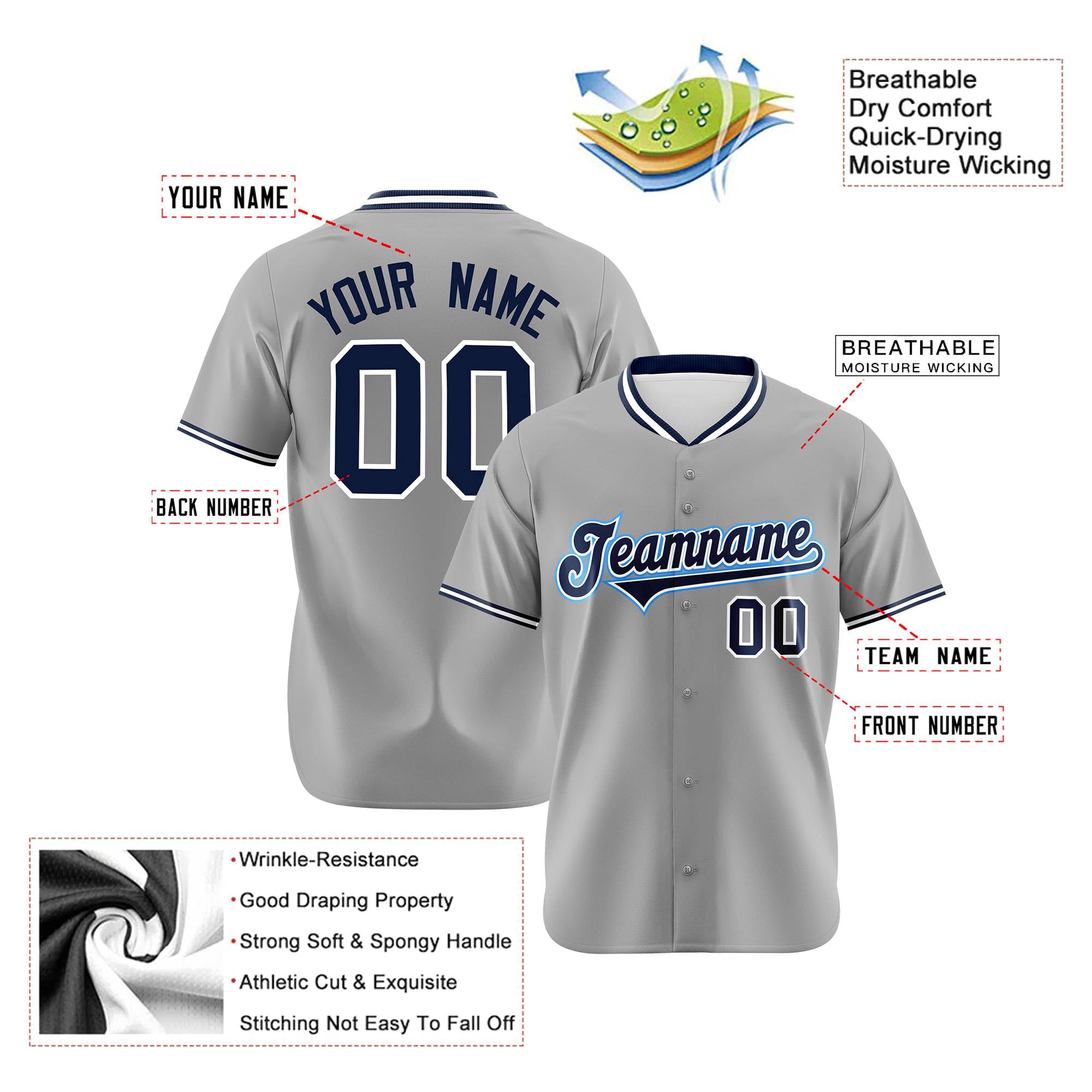 Custom Gray Navy White Authentic Baseball Jersey