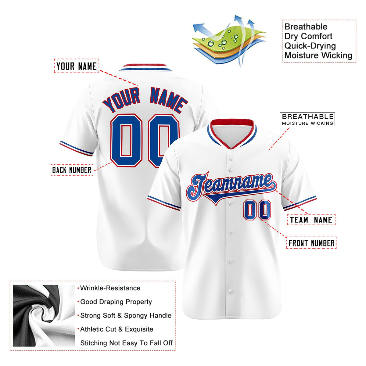 Custom White Royal Blue Red Authentic Baseball Jersey