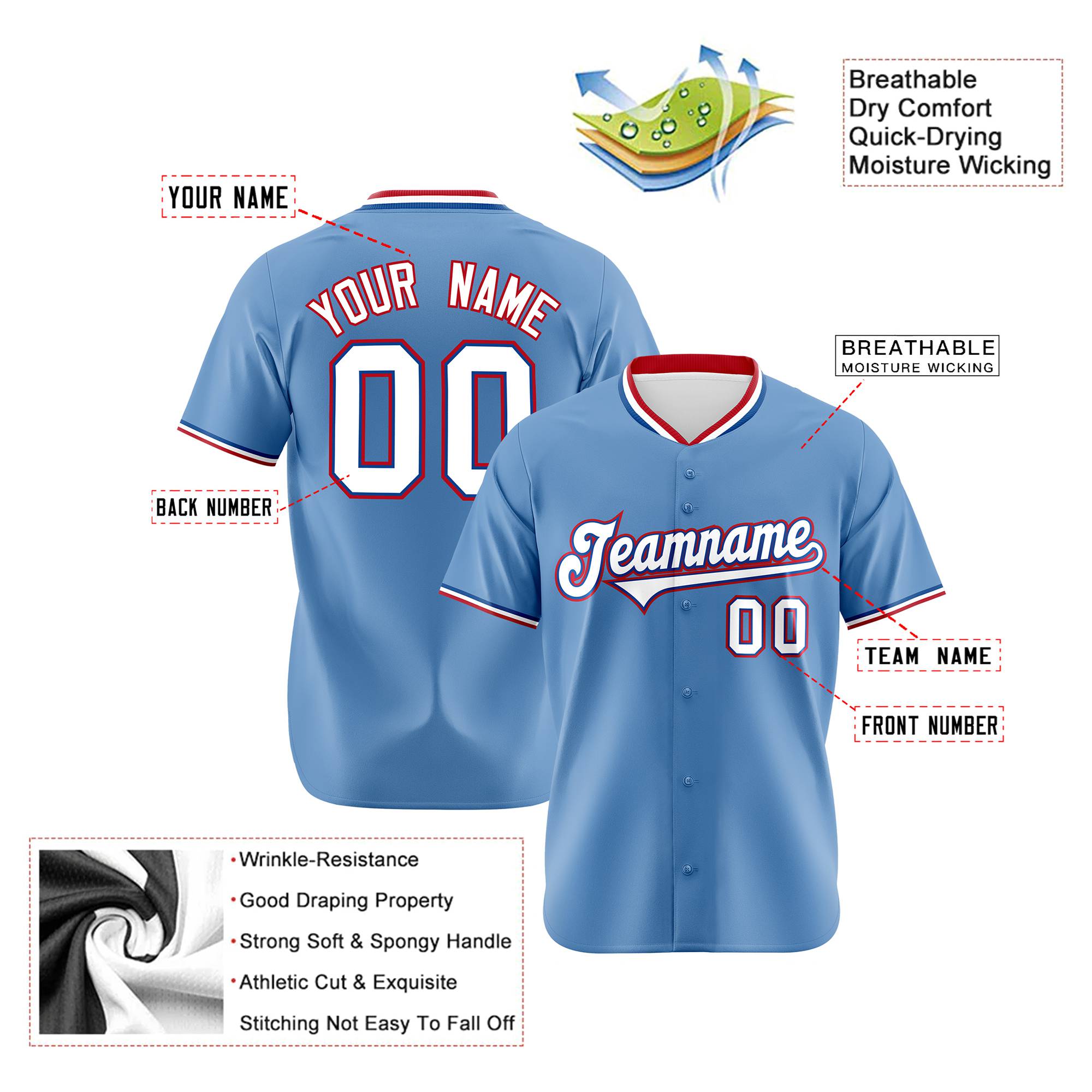 Custom Light Blue Red White Authentic Baseball Jersey