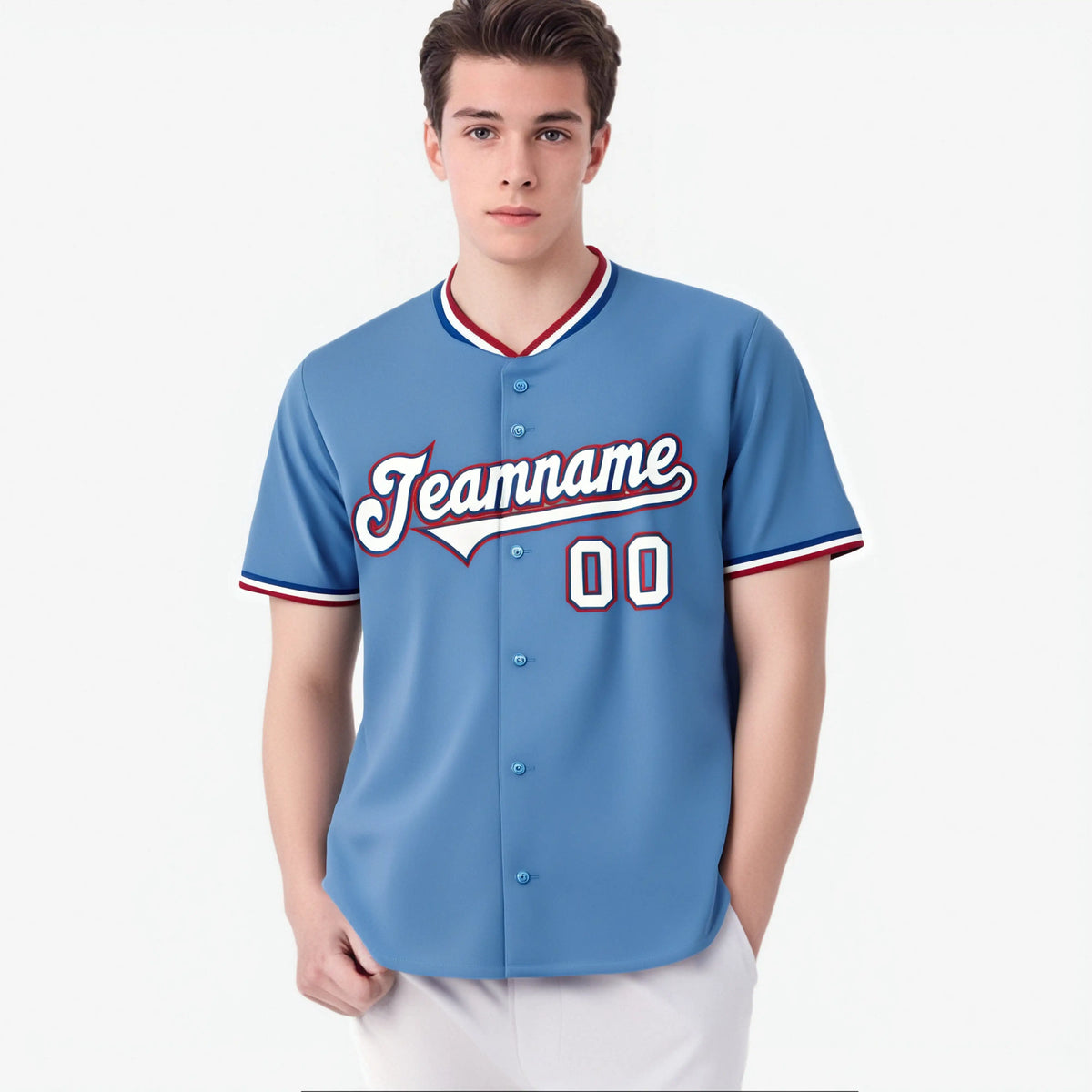 Custom Light Blue Red White Authentic Baseball Jersey