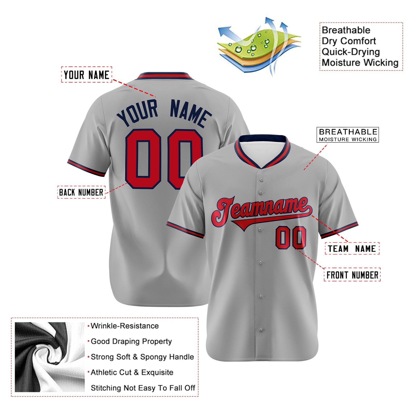 Custom Gray Red Navy Authentic Baseball Jersey