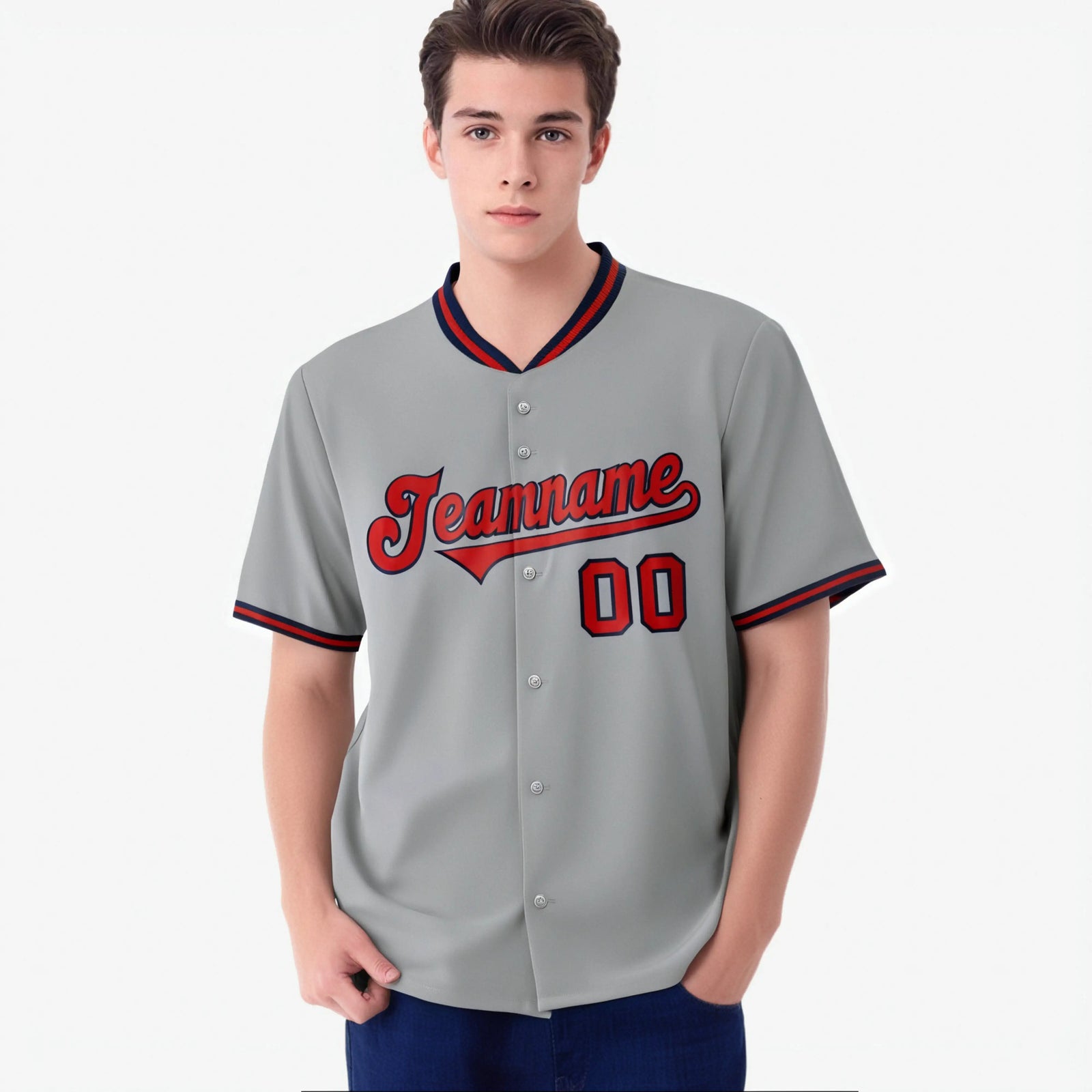 Custom Gray Red Navy Authentic Baseball Jersey