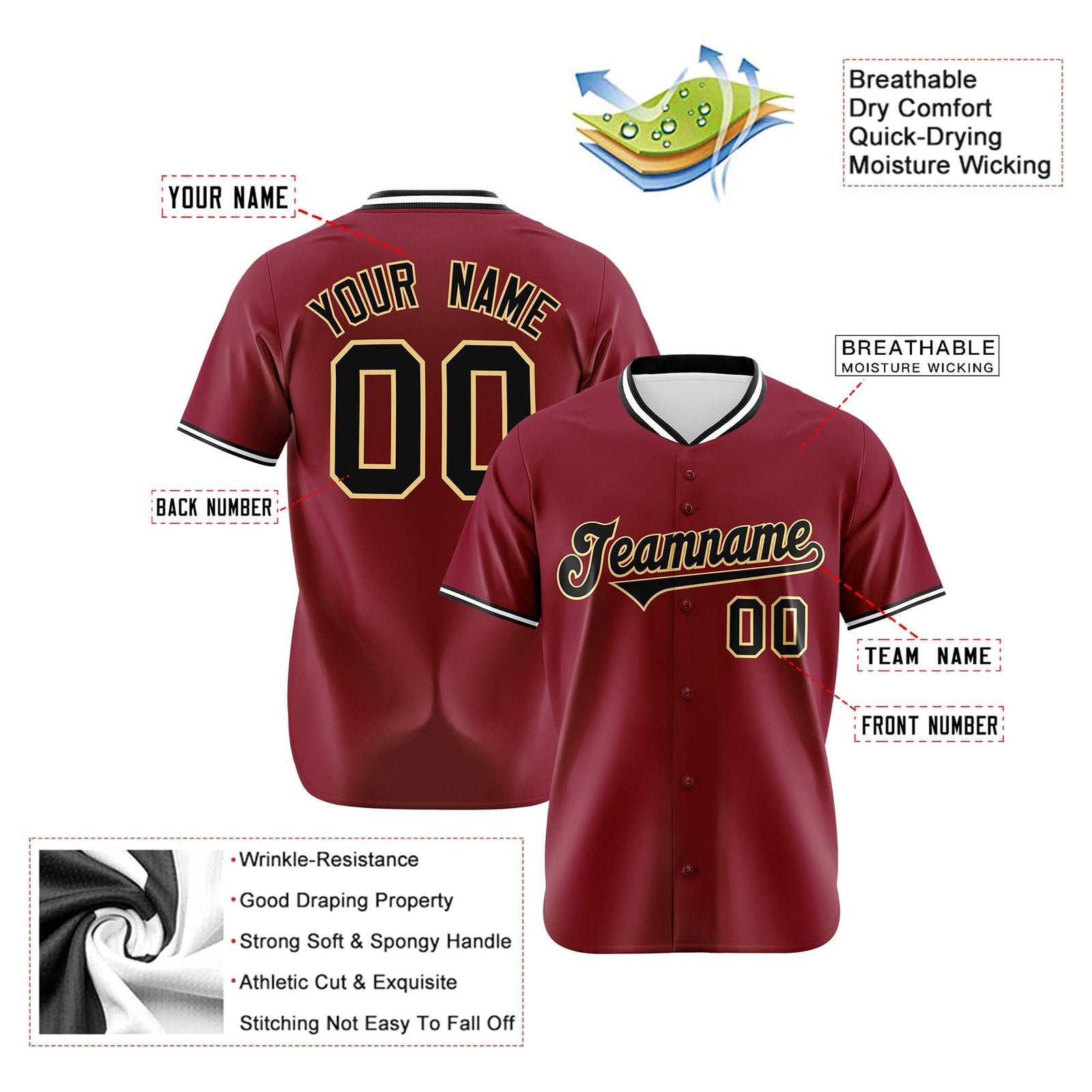 Custom Crimson Gold Black Authentic Baseball Jersey