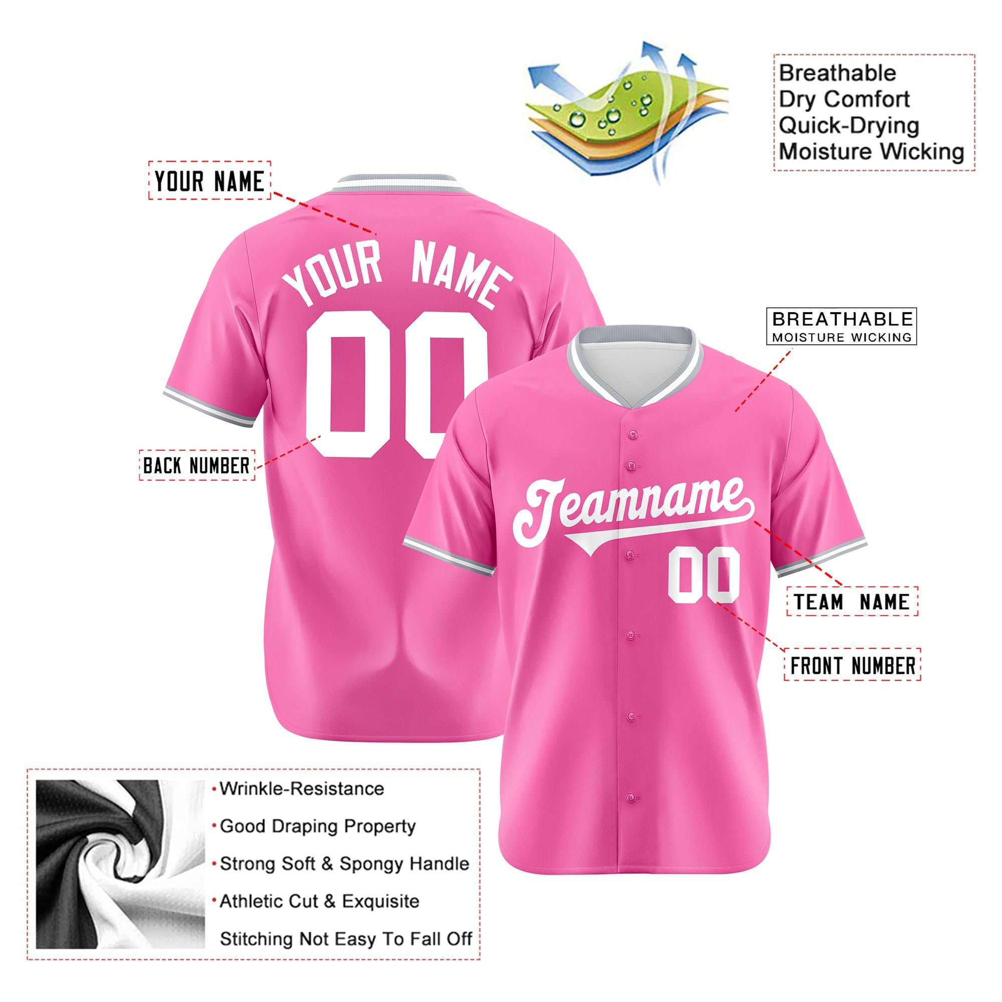 Custom Pink Gray White Authentic Baseball Jersey