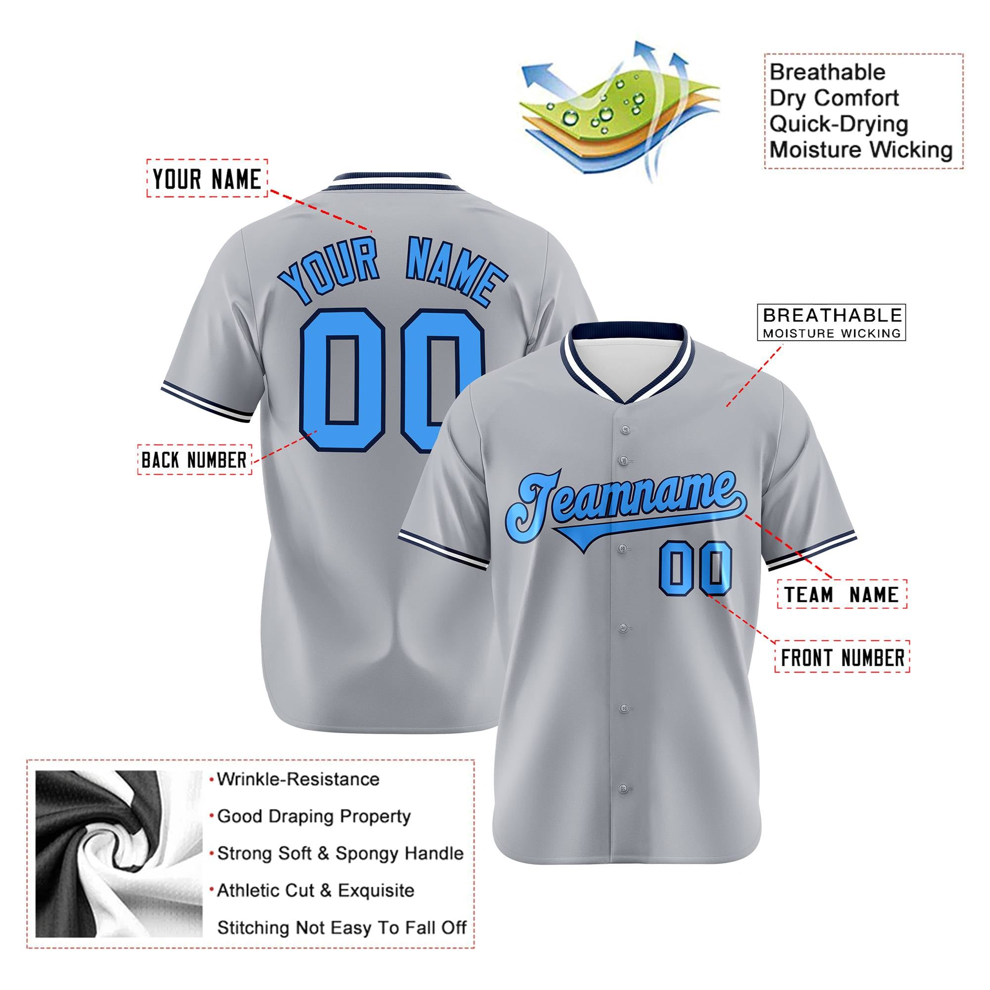 Custom Gray Powder Blue Black Authentic Baseball Jersey