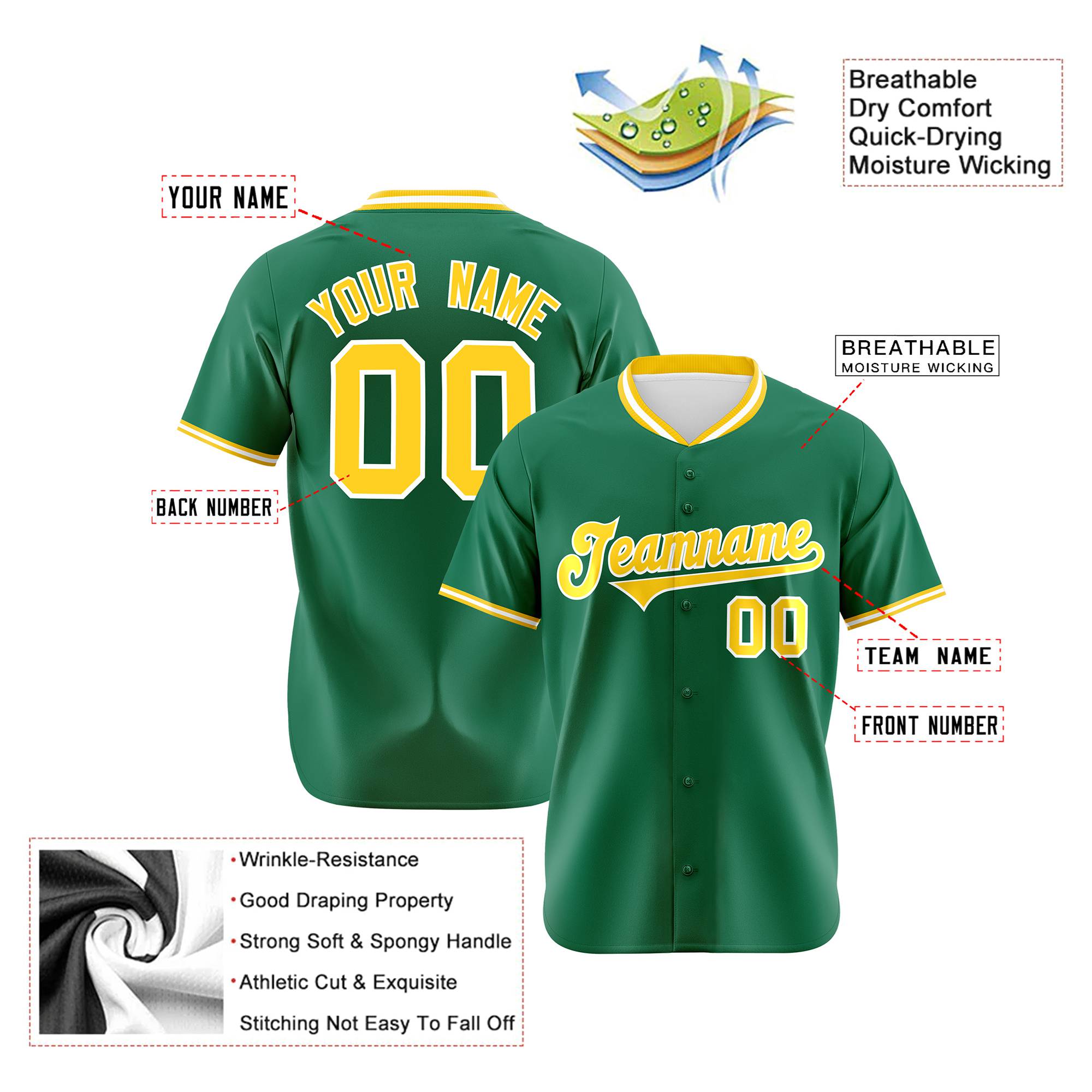 Custom Kelly Green Yellow White Authentic Baseball Jersey