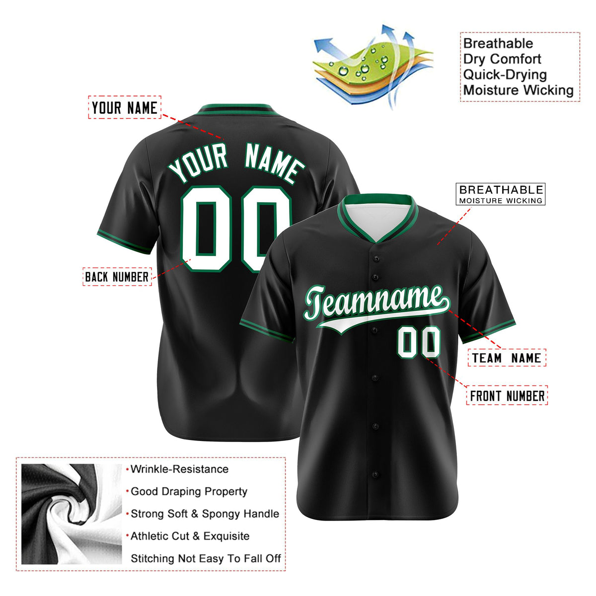 Custom Black Kelly Green White Authentic Baseball Jersey