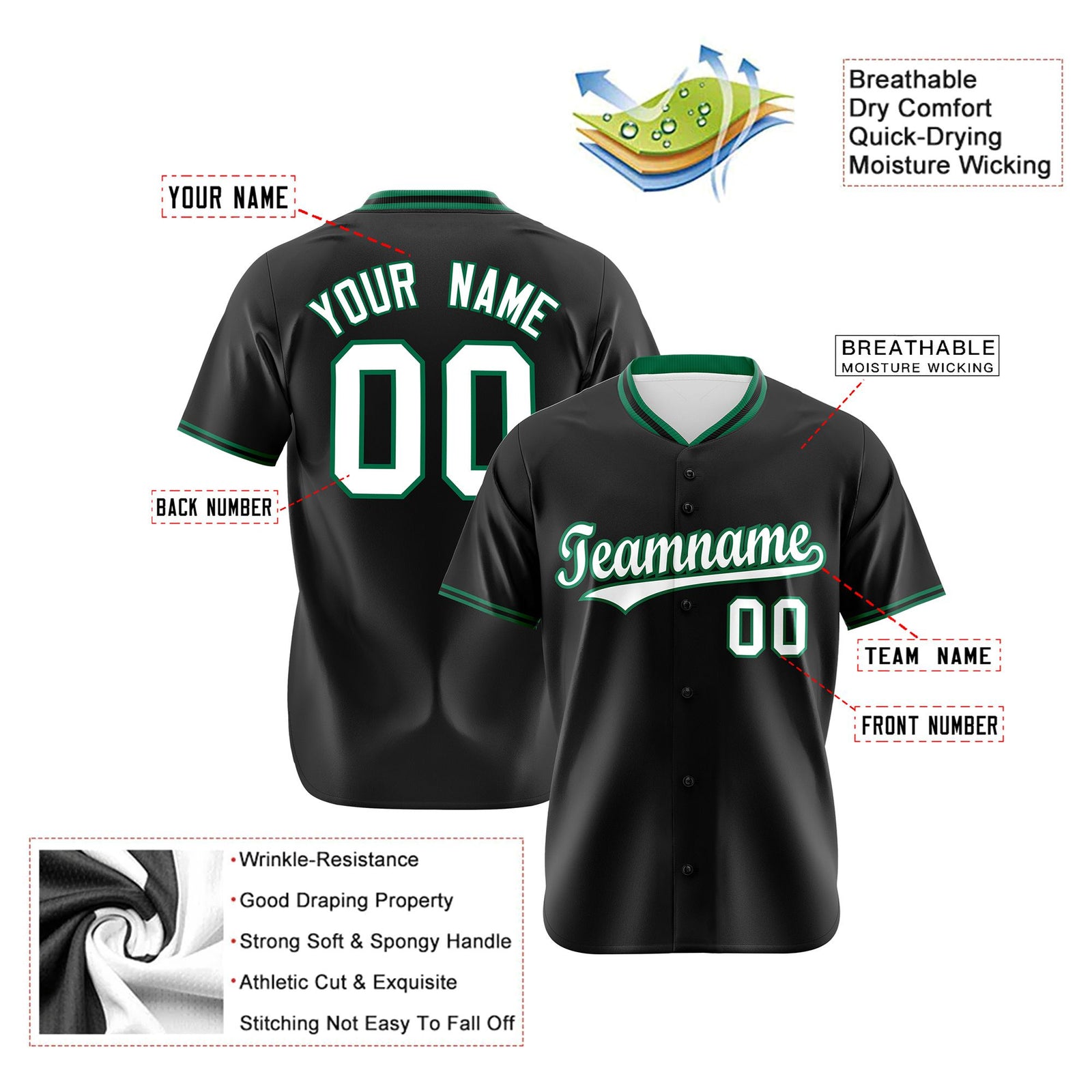 Custom Black Kelly Green White Authentic Baseball Jersey