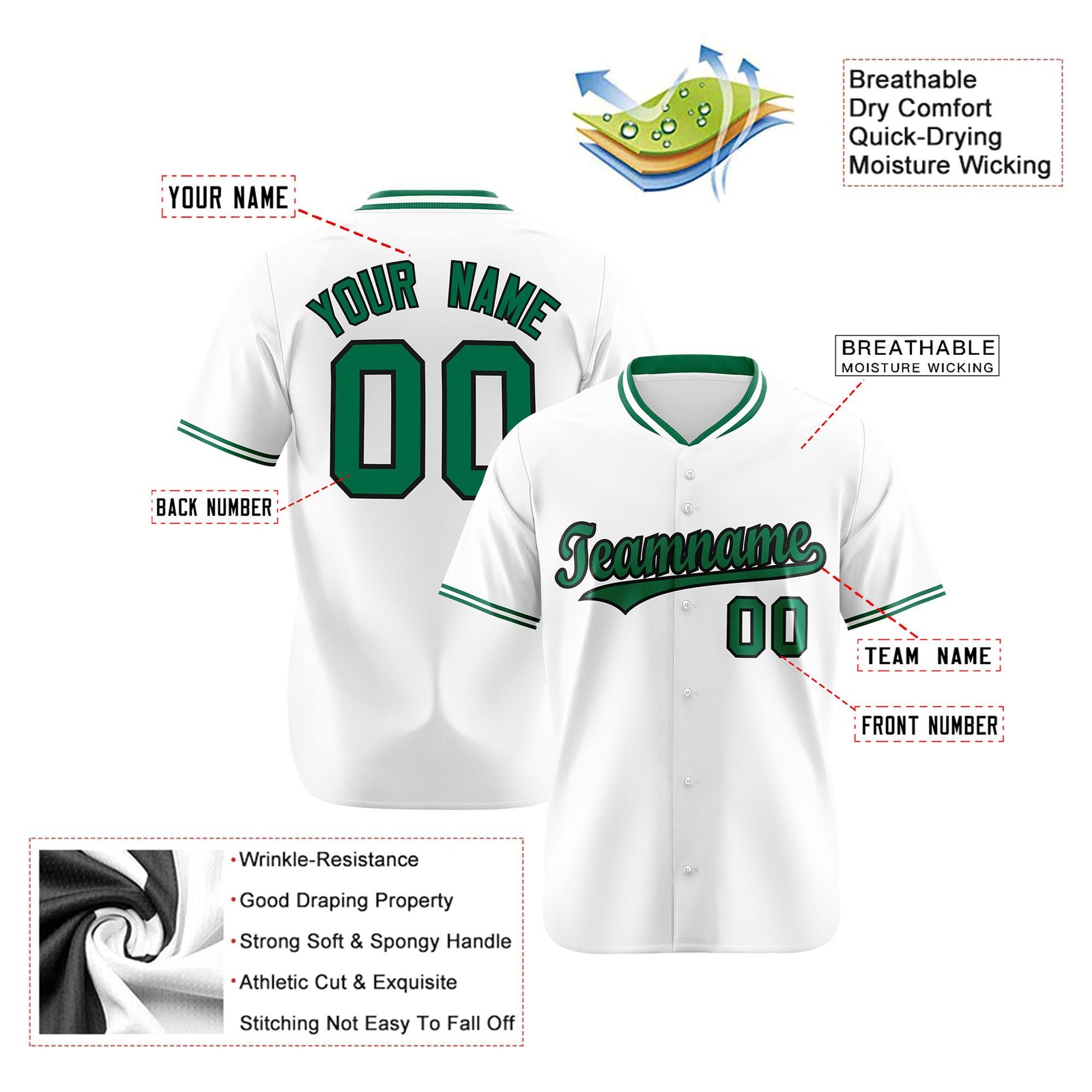Custom White Kelly Green Black Authentic Baseball Jersey