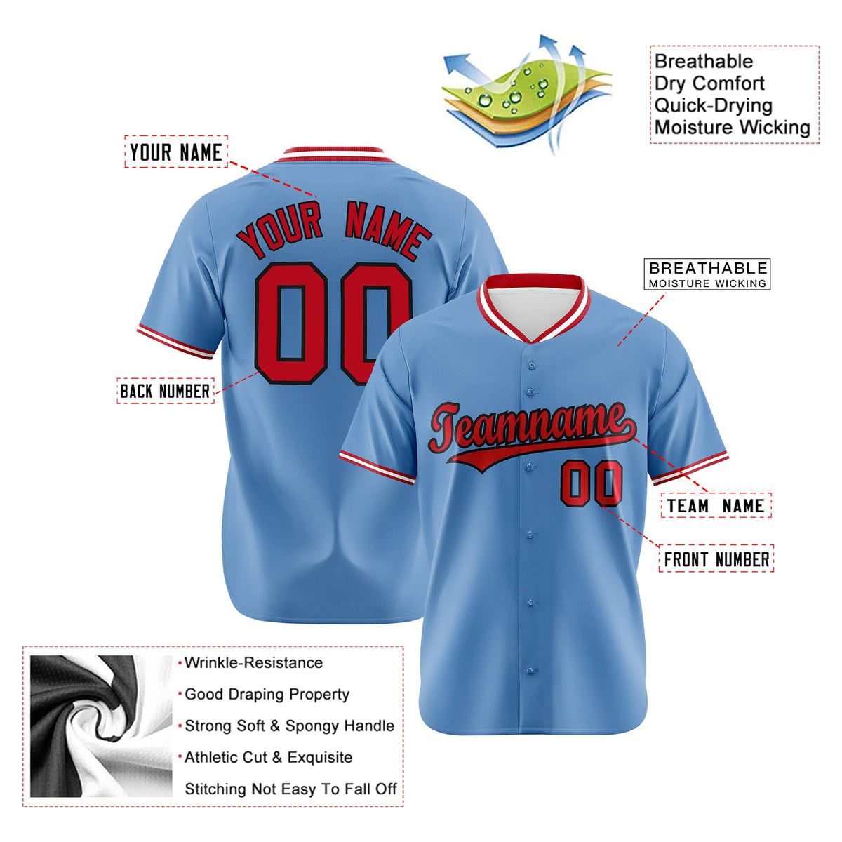 Custom Light Blue-Red -White Authentic Baseball Jersey