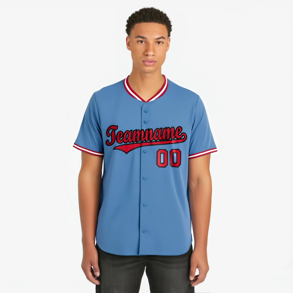 Custom Light Blue-Red -White Authentic Baseball Jersey