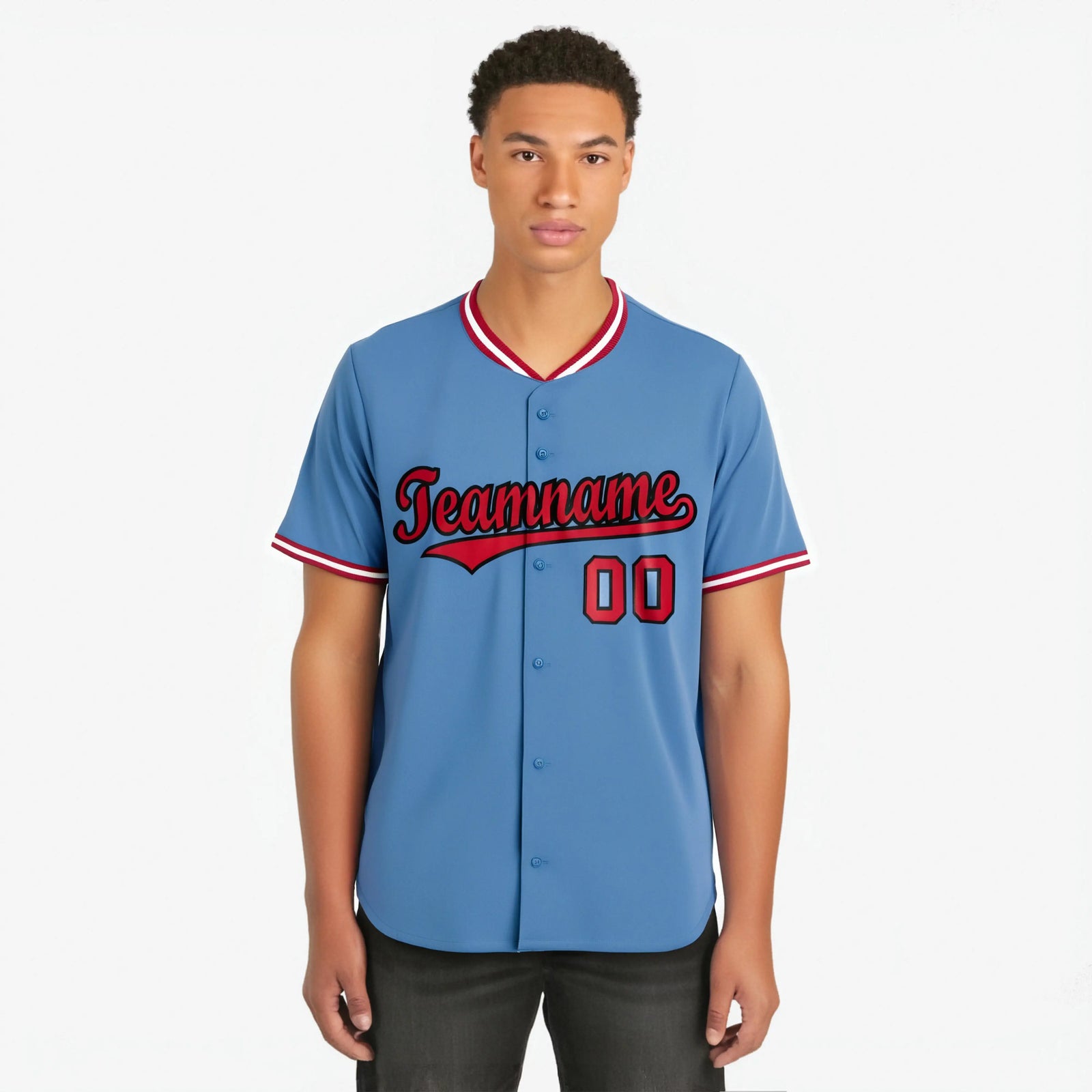 Custom Light Blue-Red -White Authentic Baseball Jersey