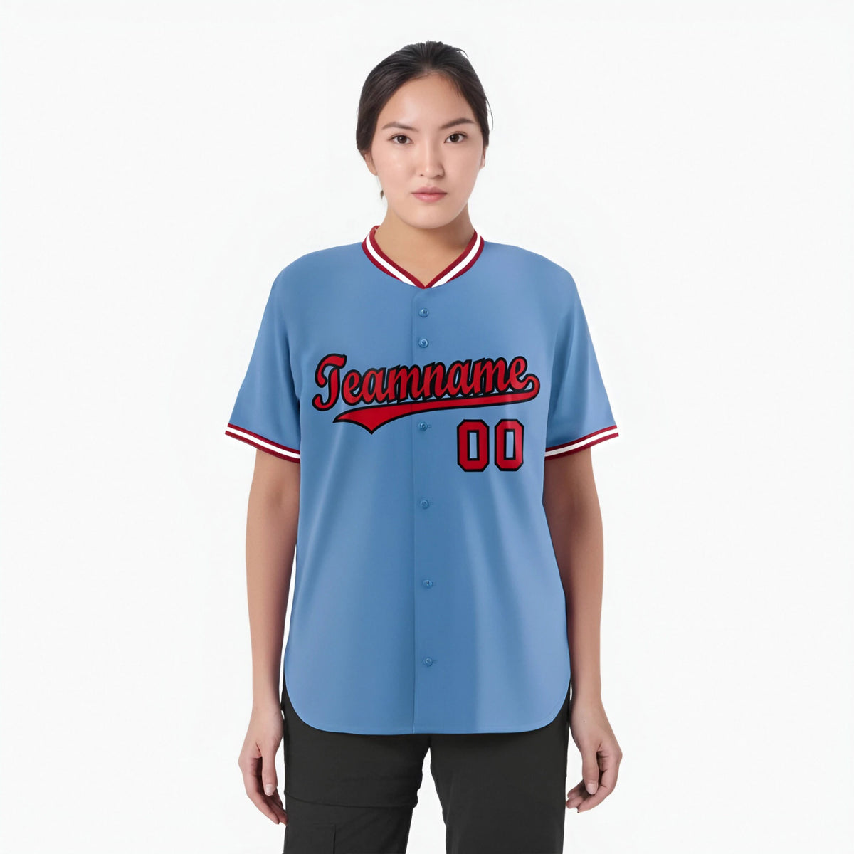 Custom Light Blue-Red -White Authentic Baseball Jersey