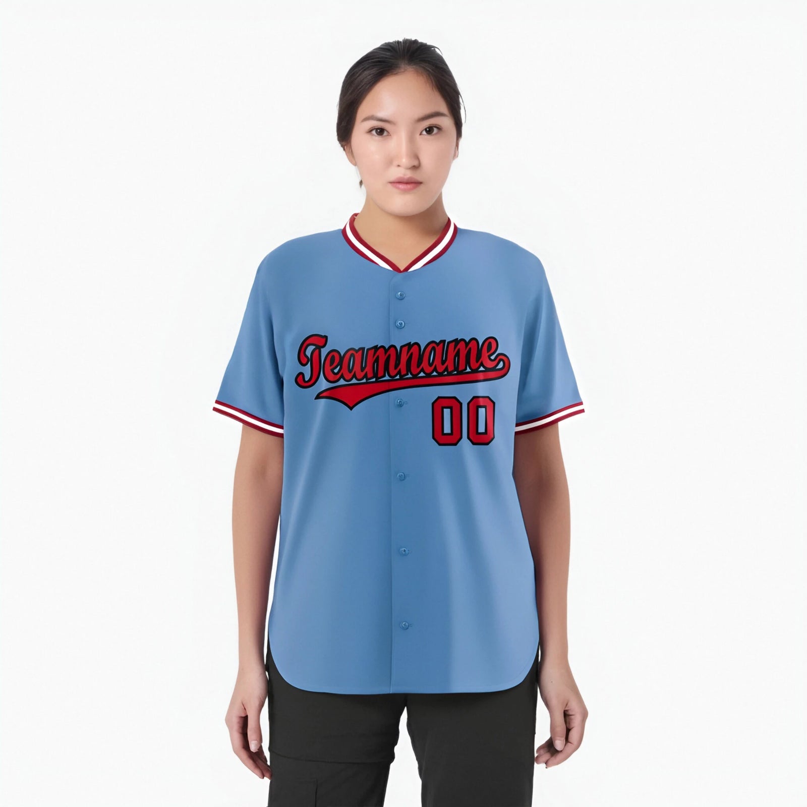 Custom Light Blue-Red -White Authentic Baseball Jersey