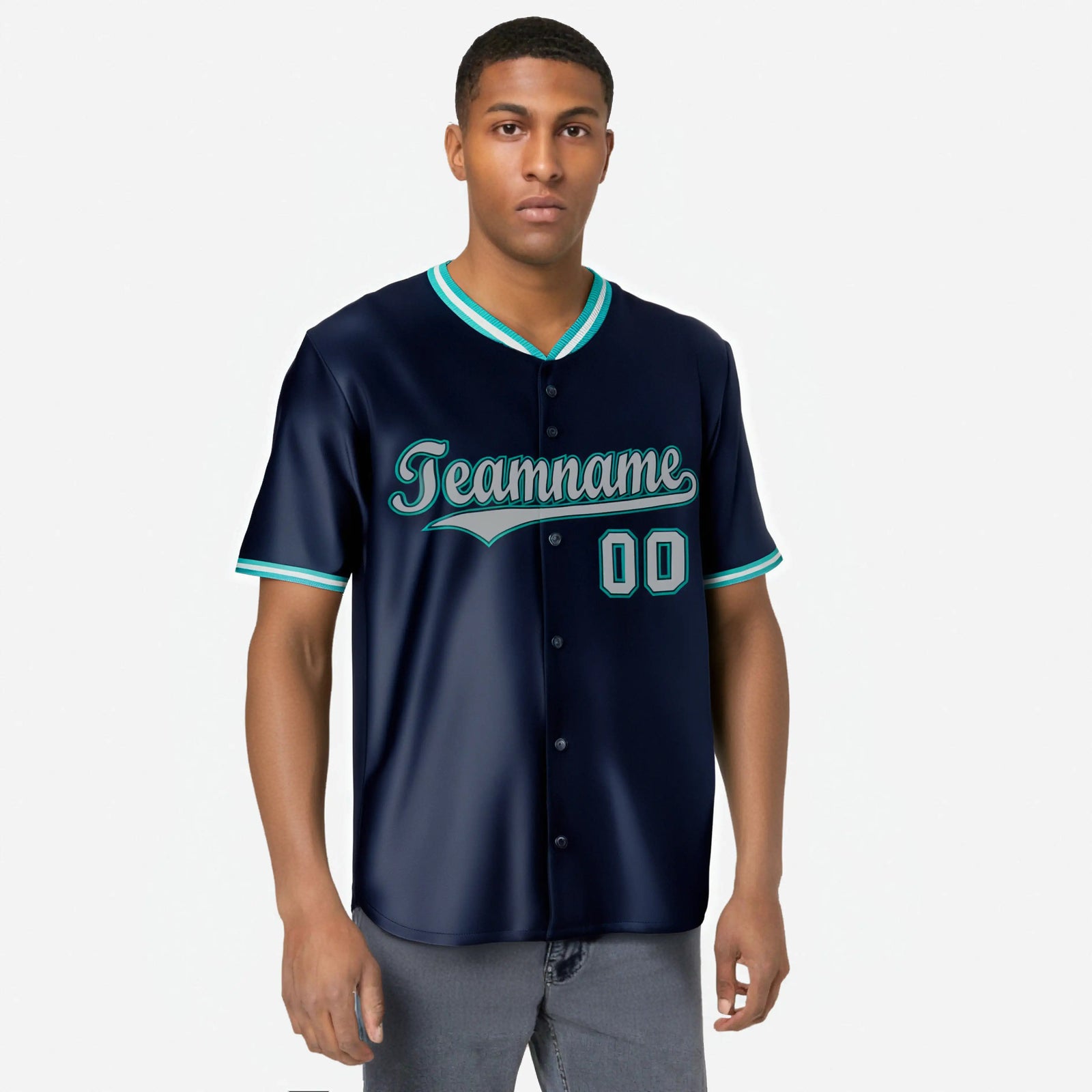 Custom Navy Aqua Gray Authentic Baseball Jersey