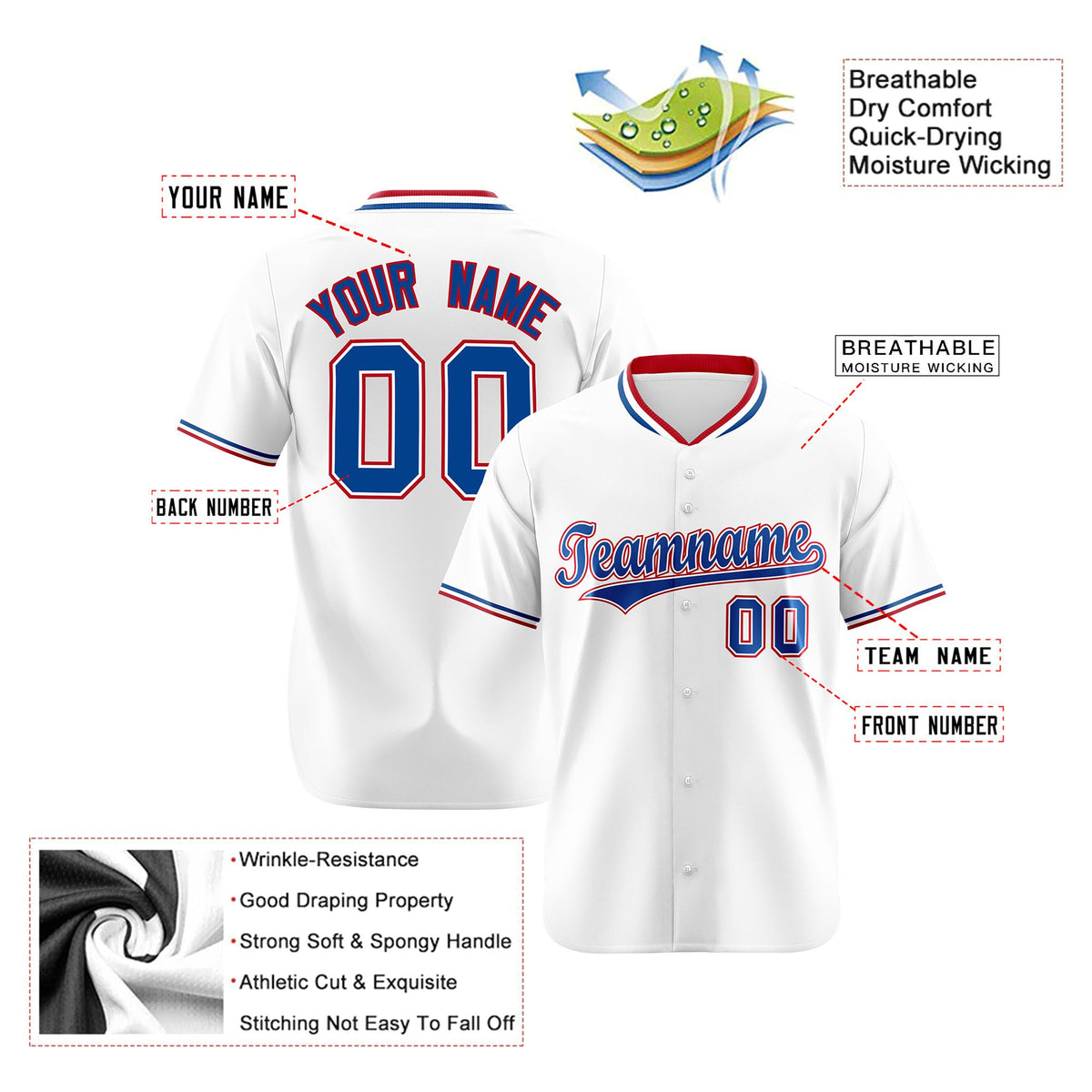 Custom White Royal Blue Red Authentic Baseball Jersey