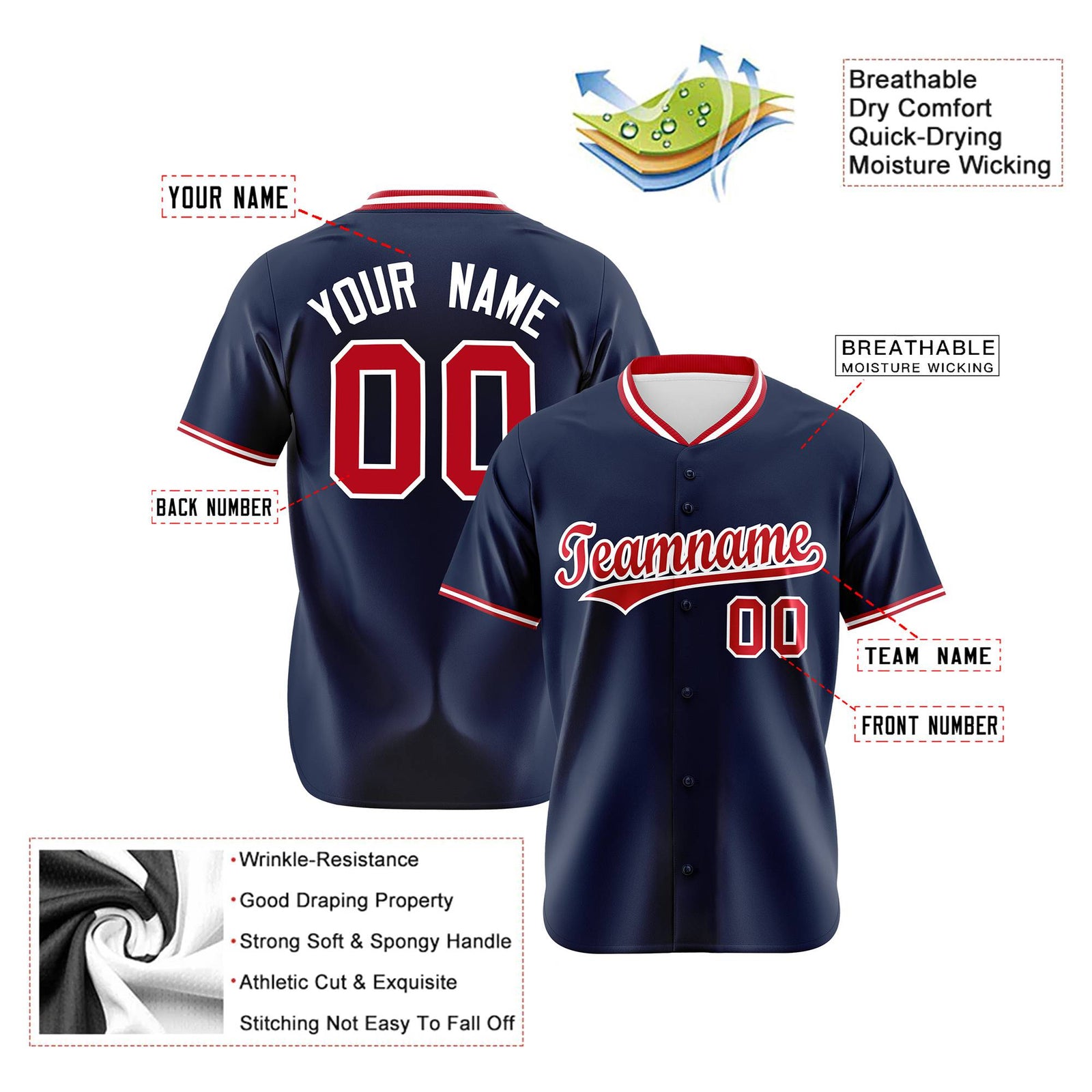 Custom Navy Red White Authentic Baseball Jersey