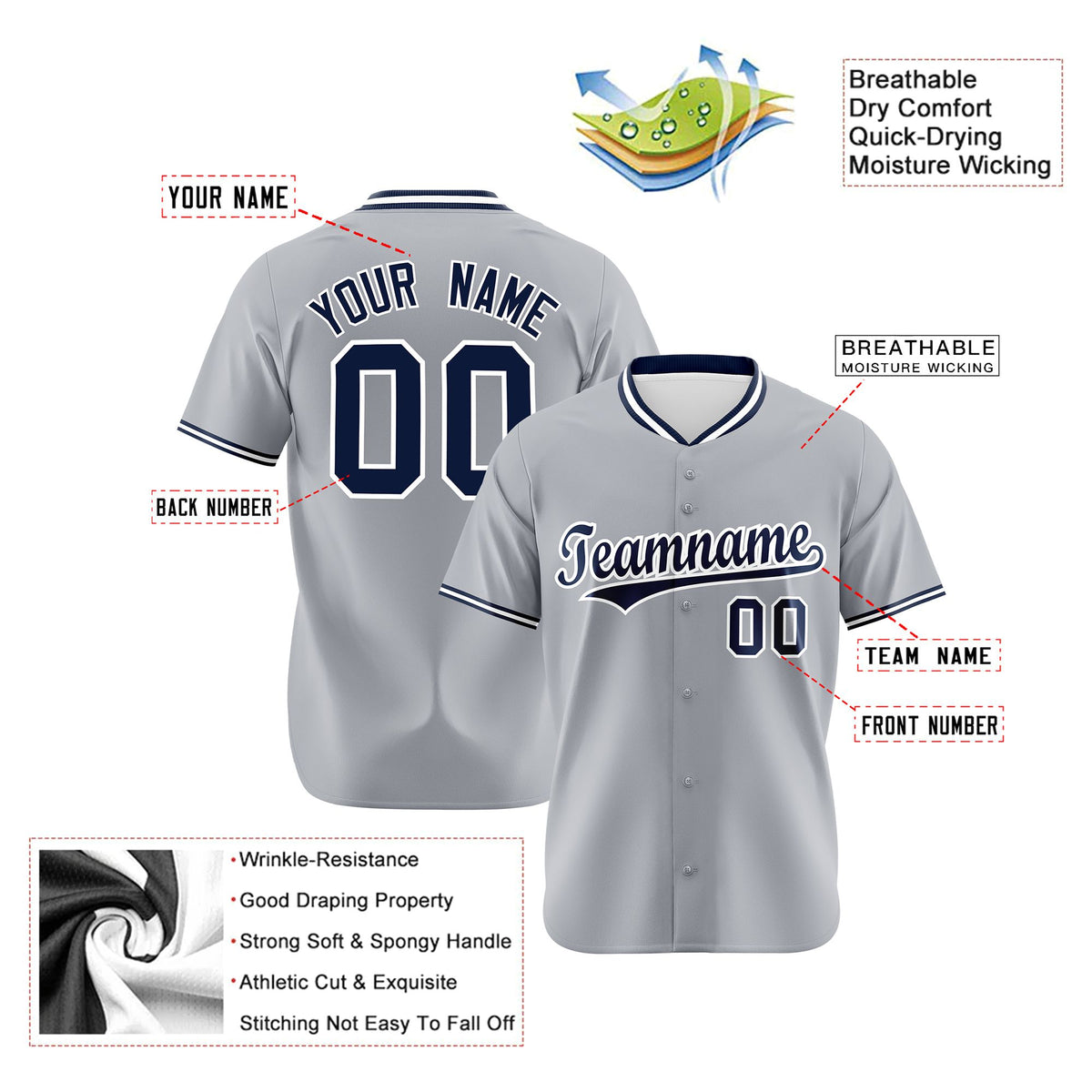 Custom Gray Navy White Authentic Baseball Jersey