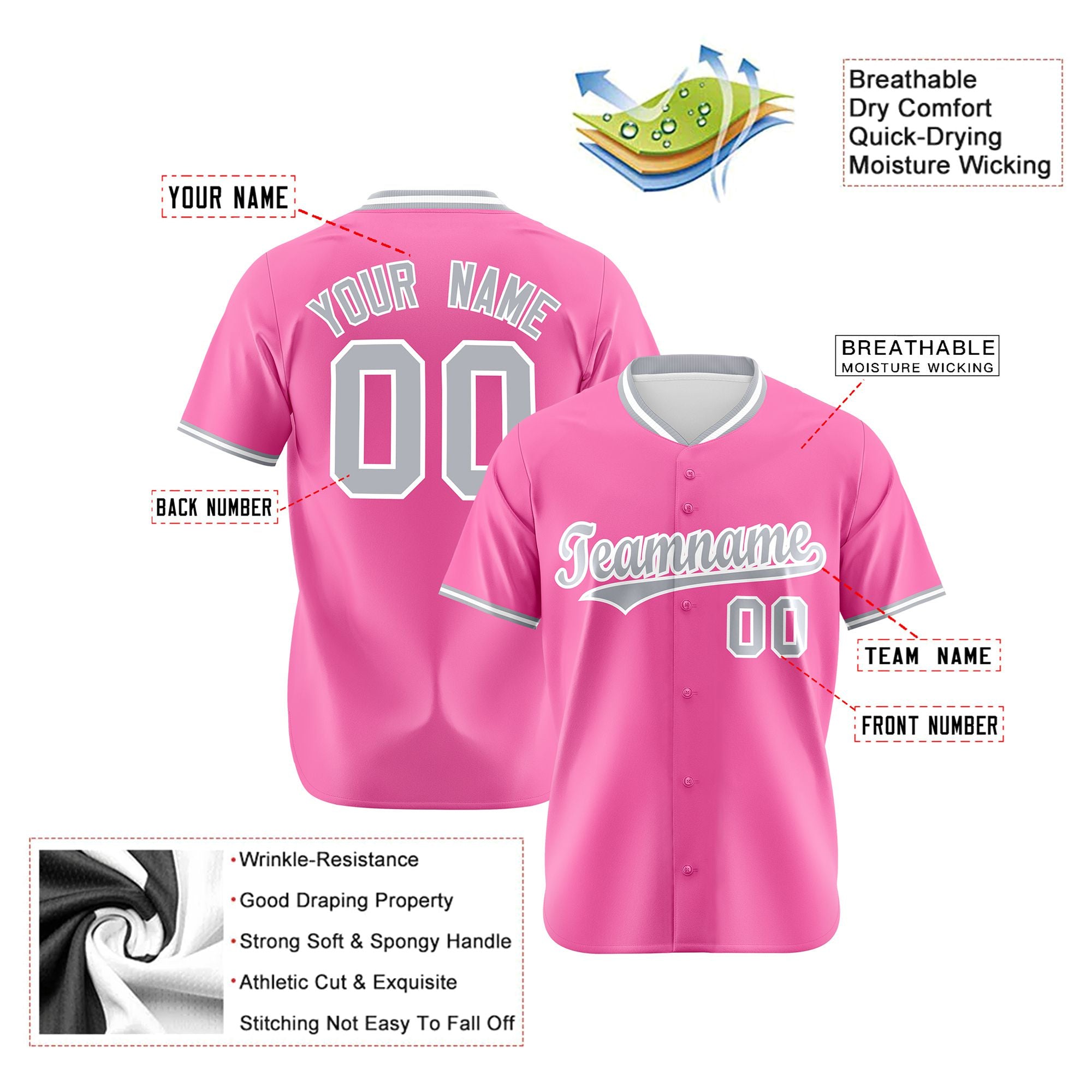 Custom Pink Gray White Authentic Baseball Jersey