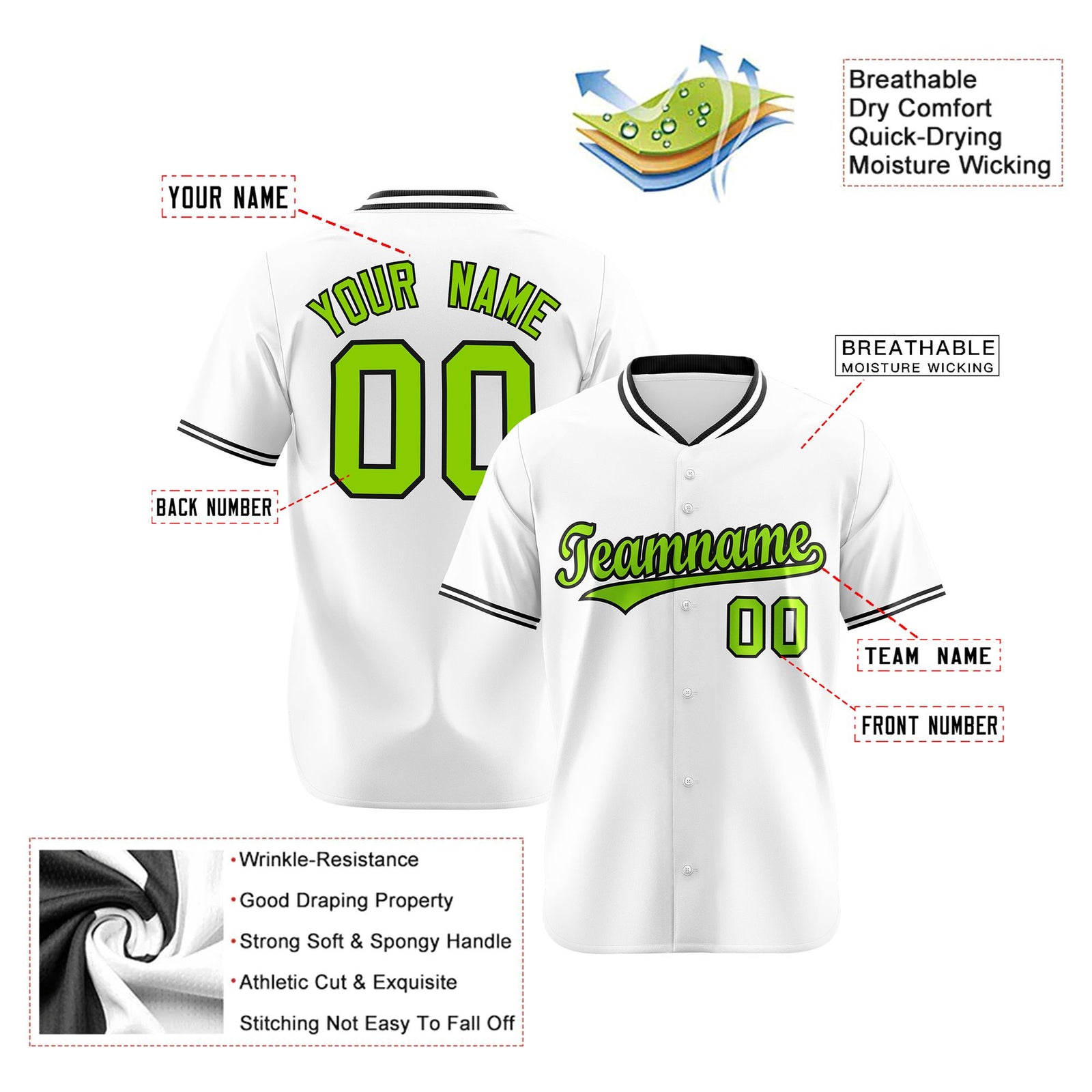 Custom White Neon Green Black Authentic Baseball Jersey