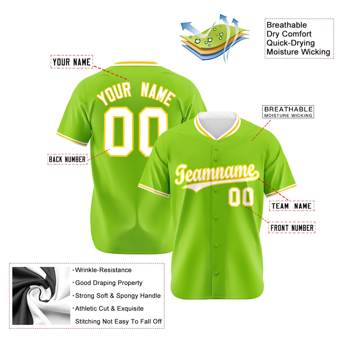 Custom Neon Green Yellow White Authentic Baseball Jersey