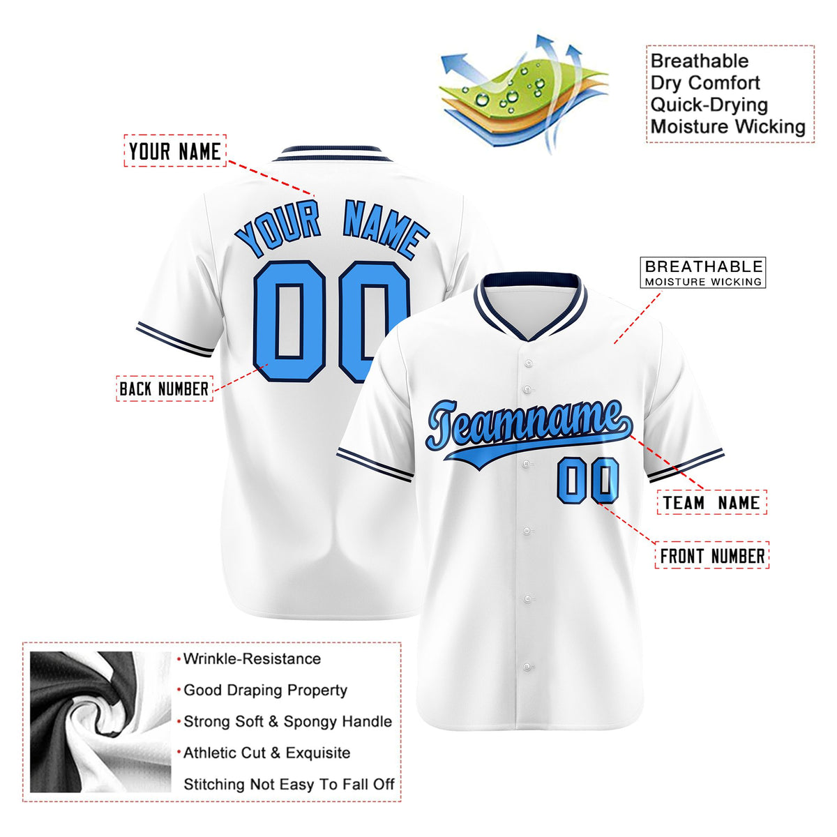 Custom White Powder Blue Black Authentic Baseball Jersey