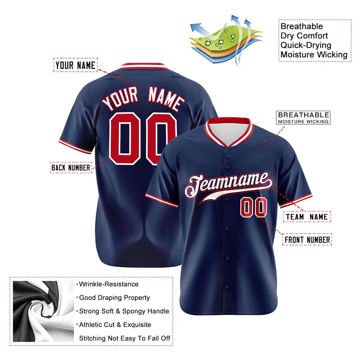Custom Navy Red White Authentic Baseball Jersey