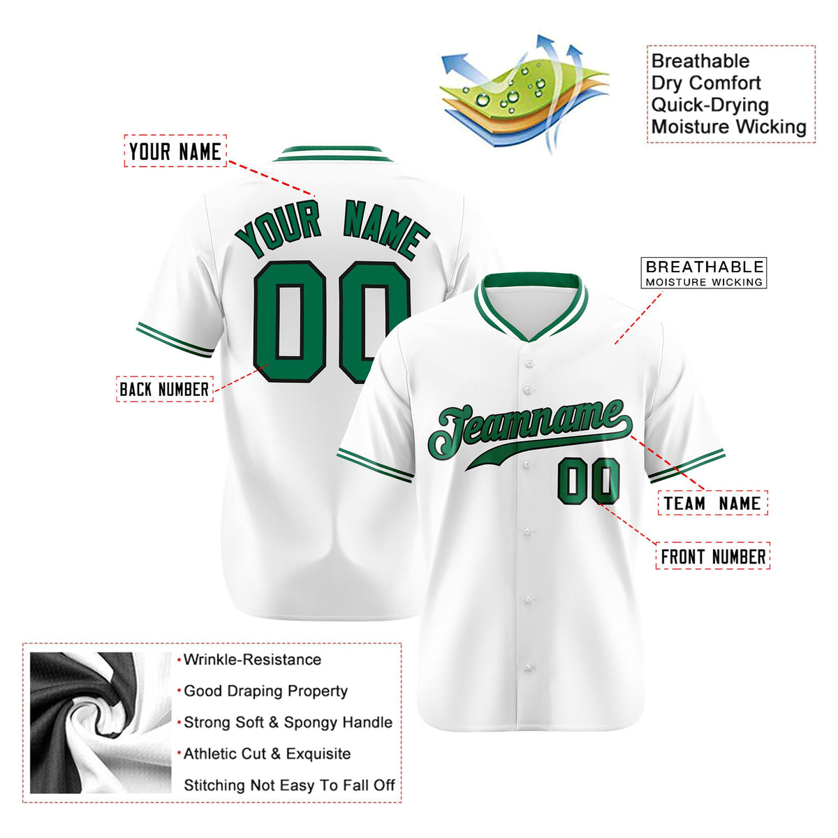Custom White Kelly Green Black Authentic Baseball Jersey