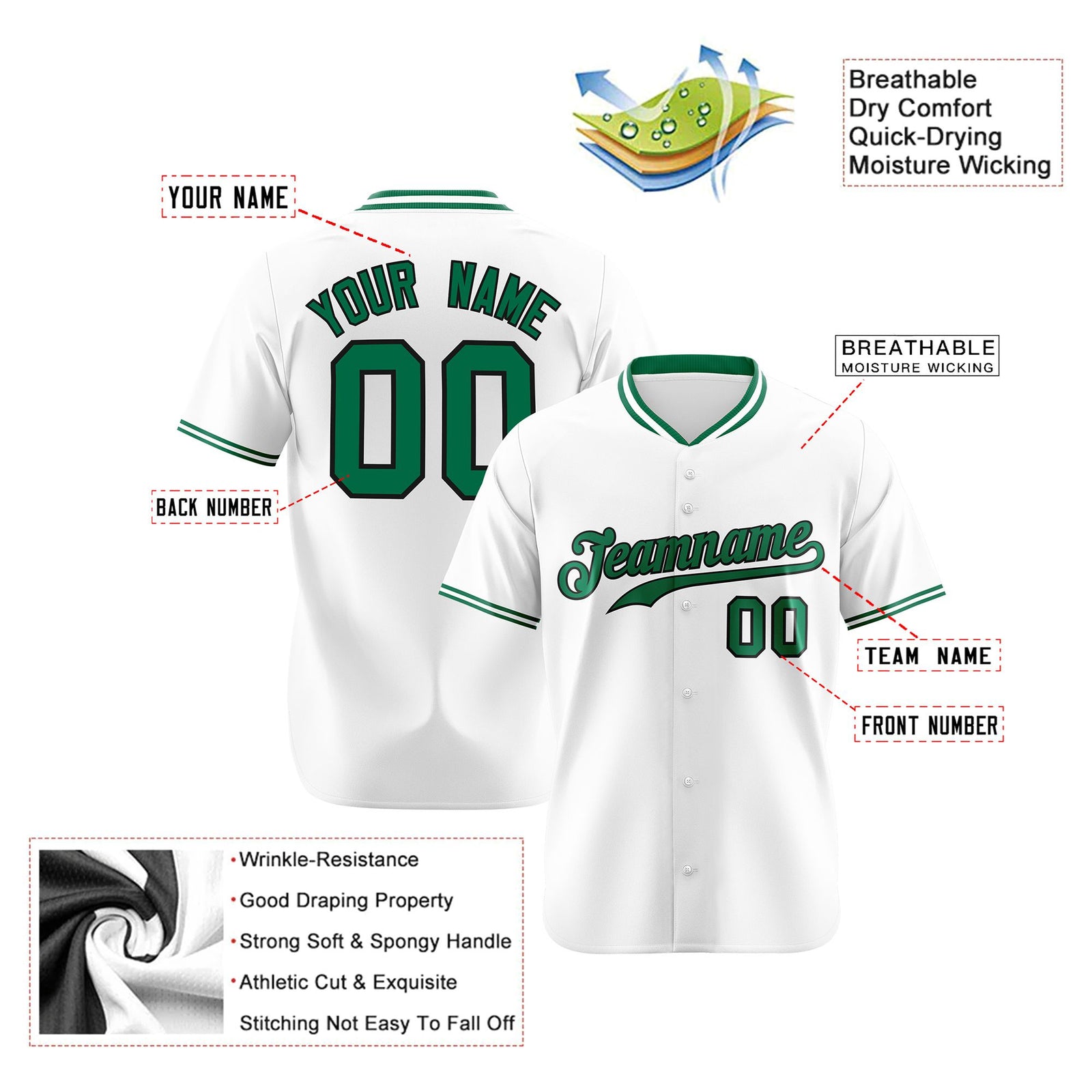 Custom White Kelly Green Black Authentic Baseball Jersey