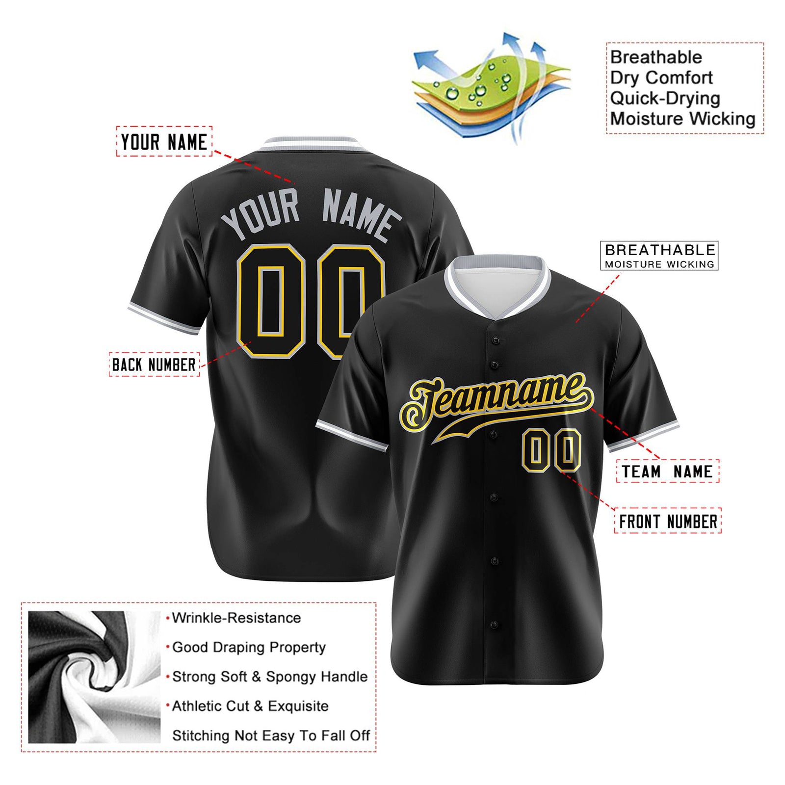 Custom Black Gold White Authentic Baseball Jersey