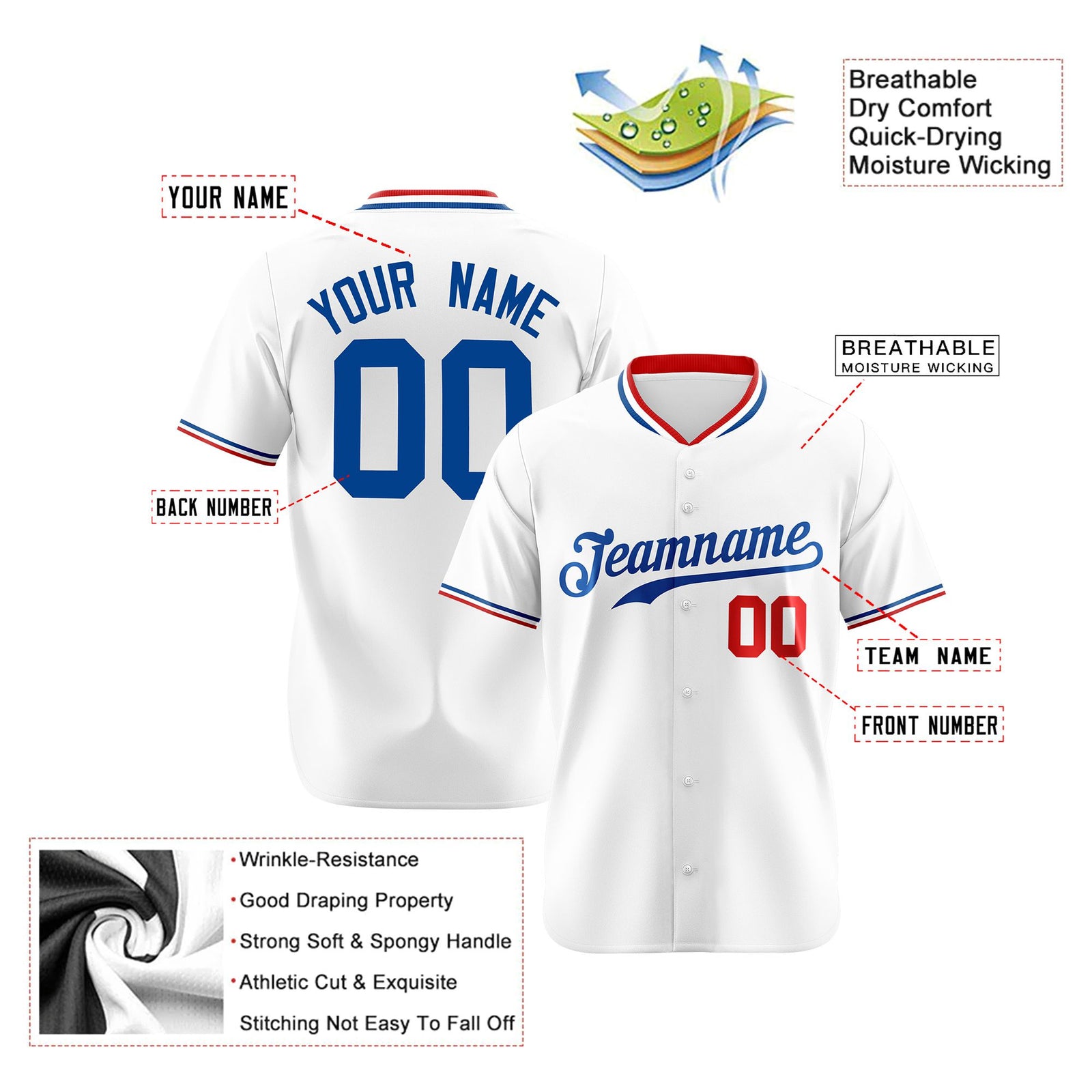 Custom White Red Blue Authentic Baseball Jersey