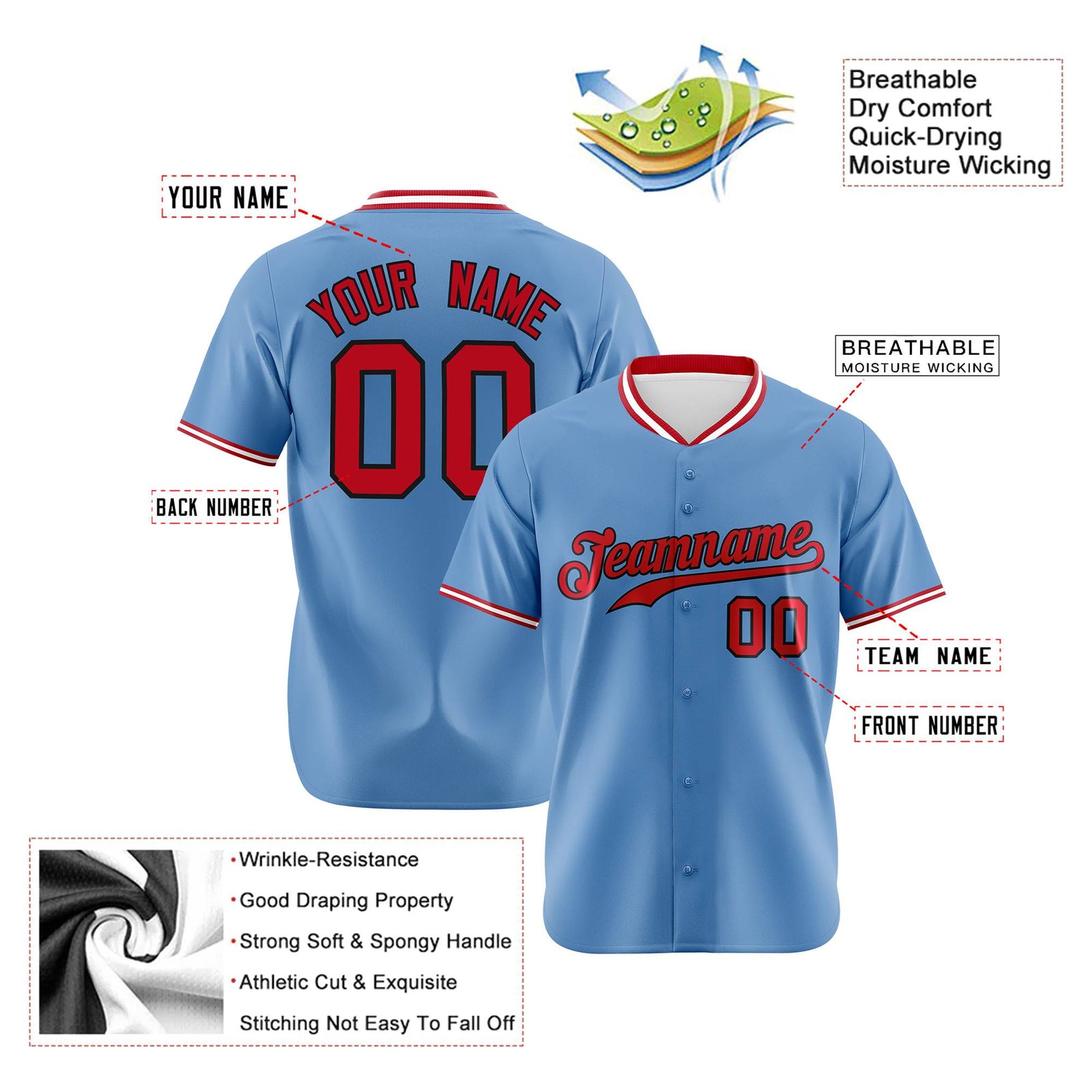 Custom Light Blue-Red -White Authentic Baseball Jersey