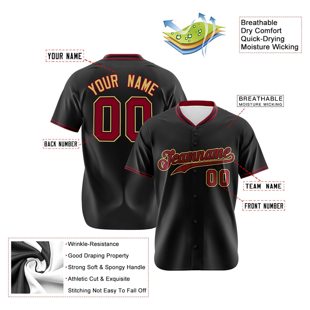 Custom Black Crimson Old Gold Authentic Baseball Jersey