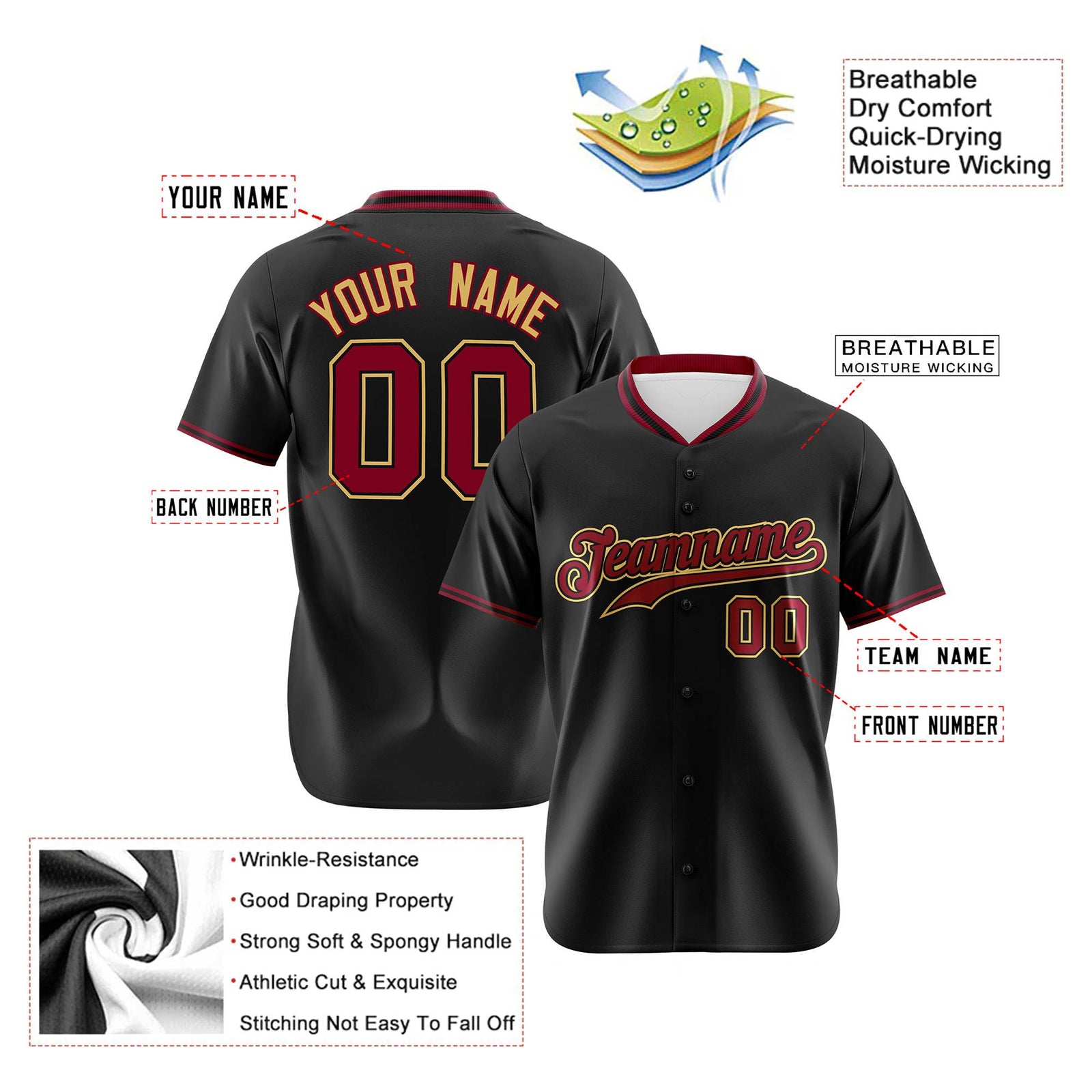 Custom Black Crimson Old Gold Authentic Baseball Jersey