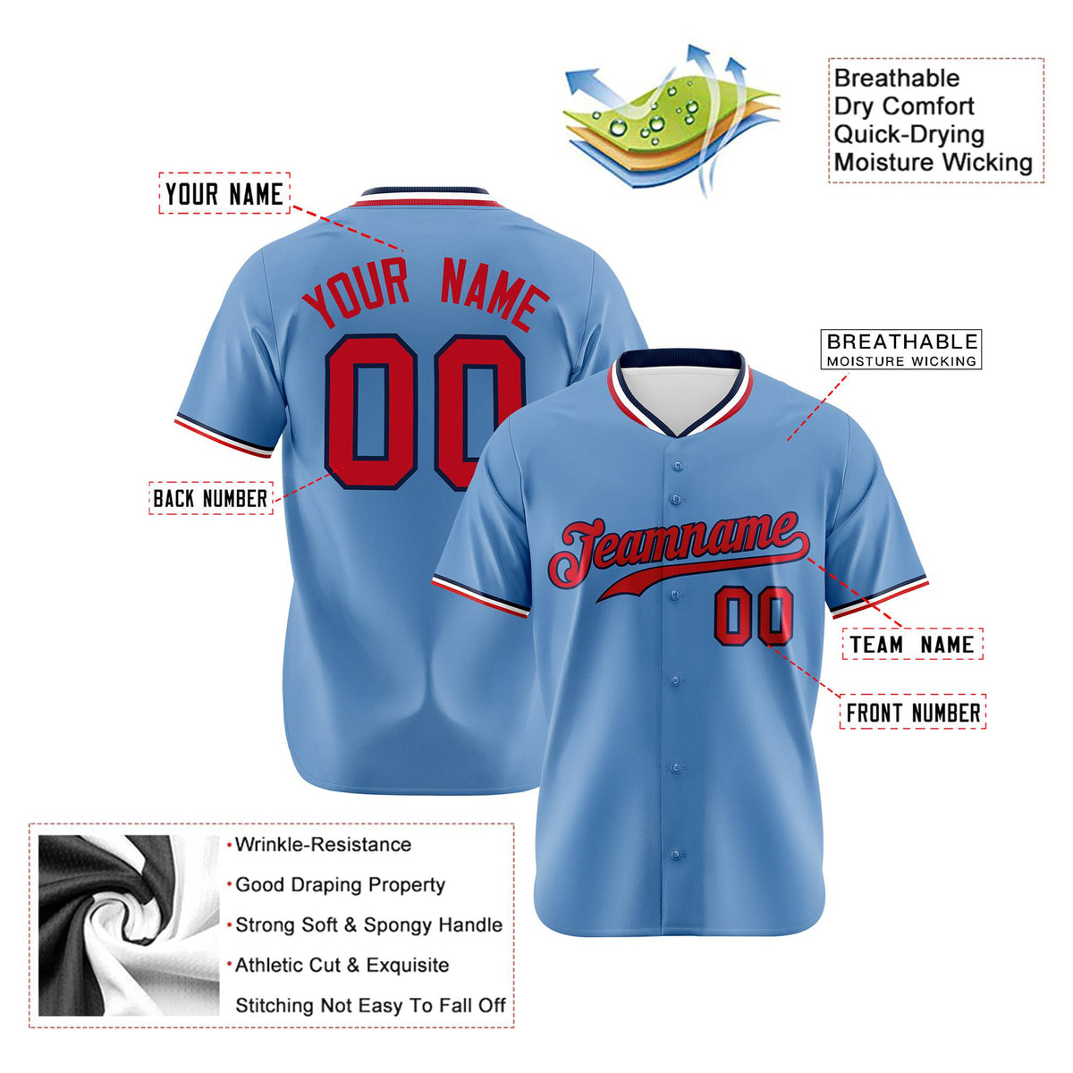 Custom Light Blue-Red-White Authentic Baseball Jersey