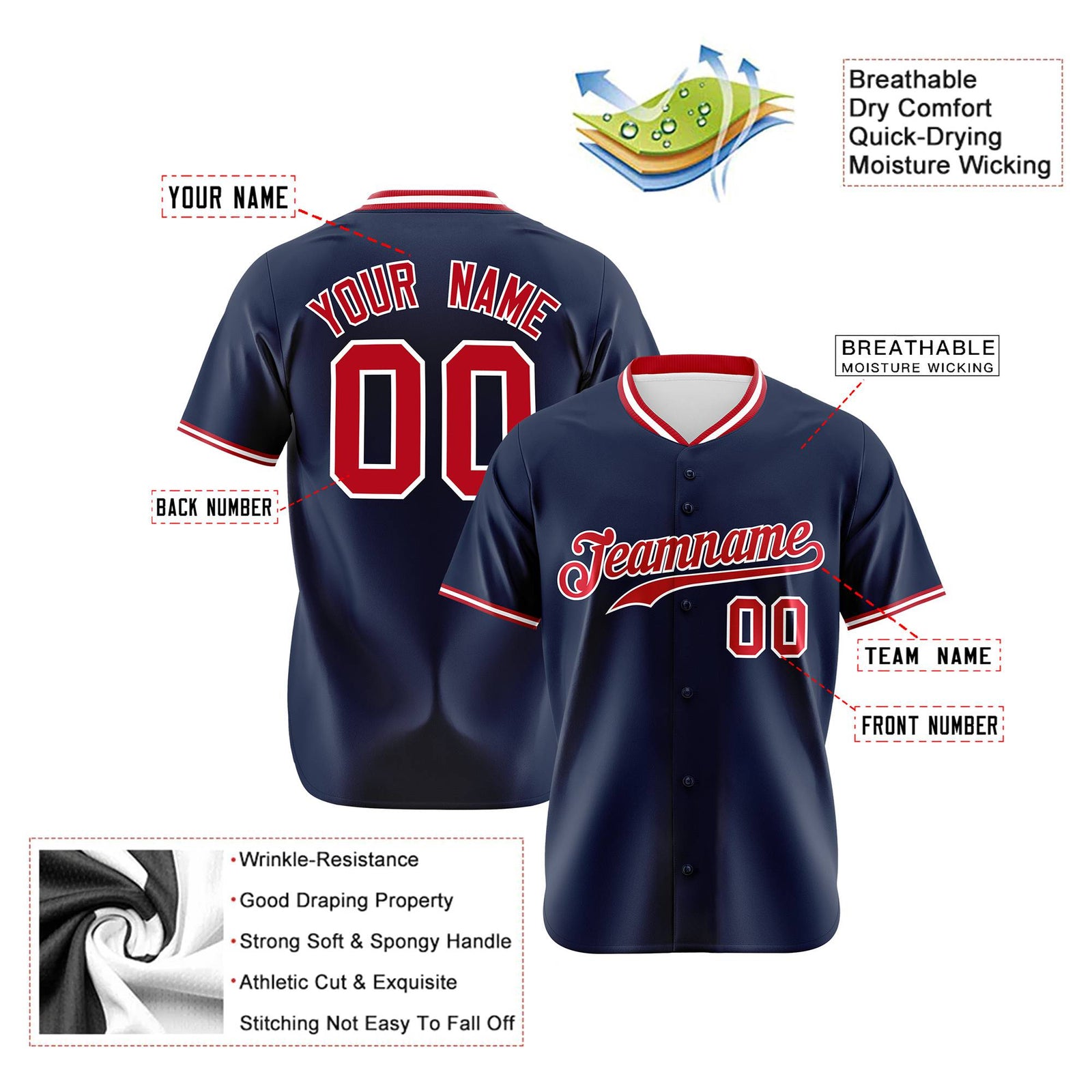 Custom Navy Red White Authentic Baseball Jersey