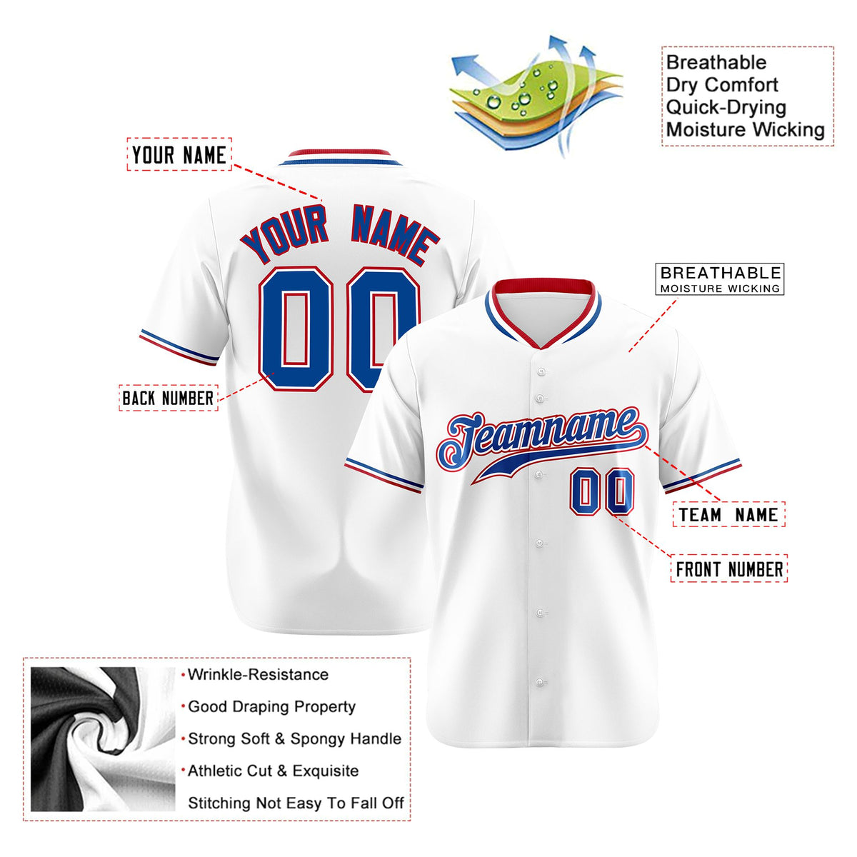 Custom White Royal Blue Red Authentic Baseball Jersey