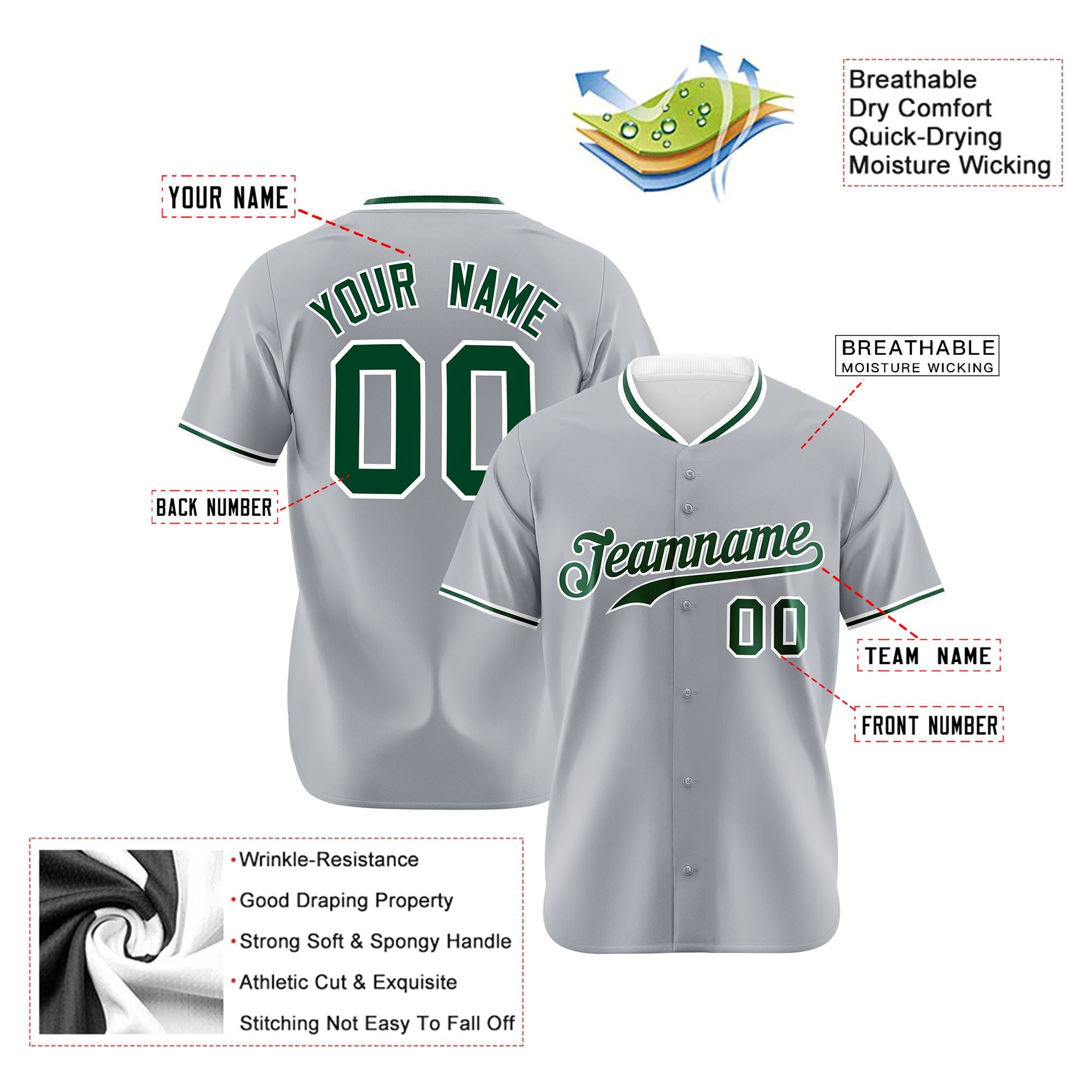 Custom Gray Kelly Green White Authentic Baseball Jersey