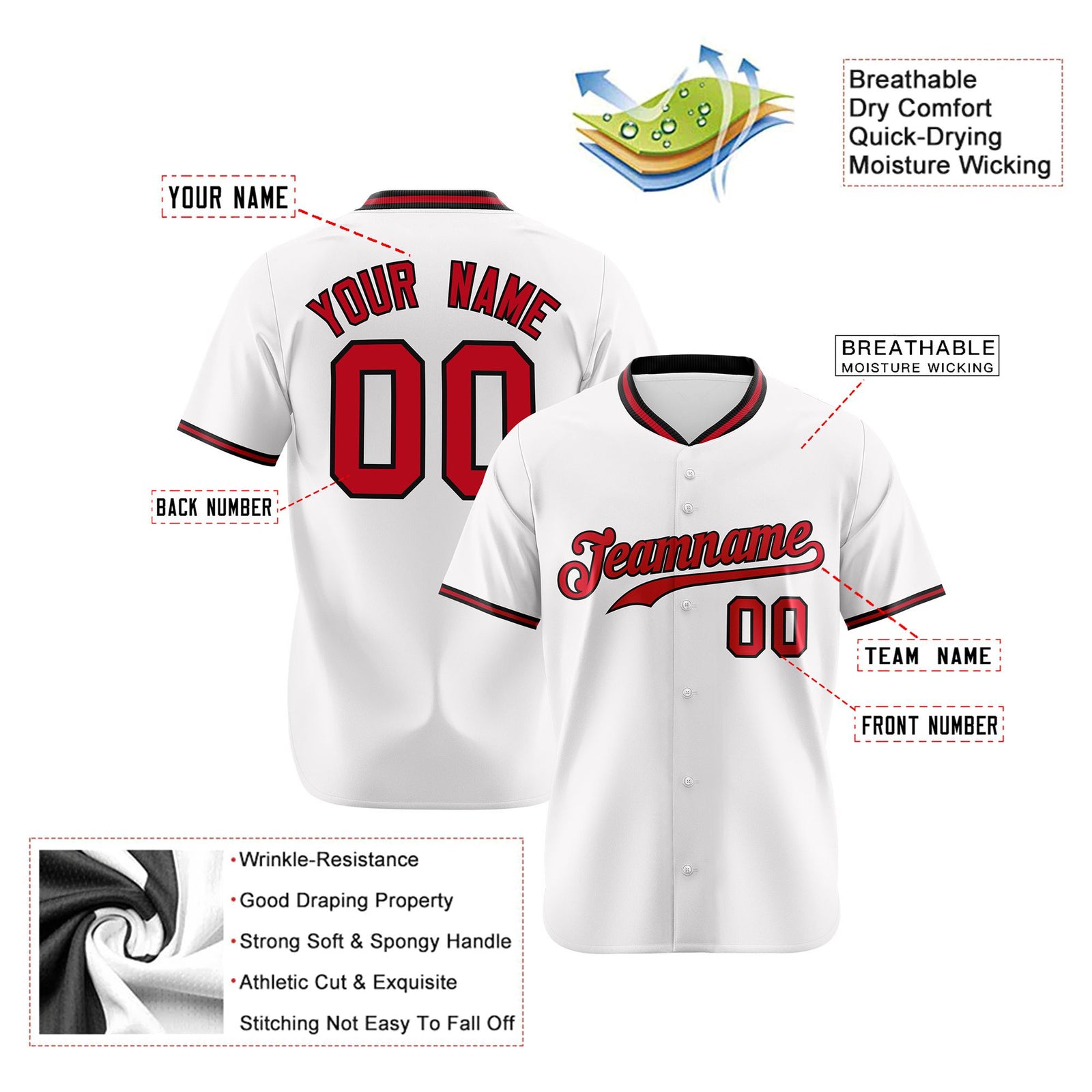 Custom White Black Red Authentic Baseball Jersey