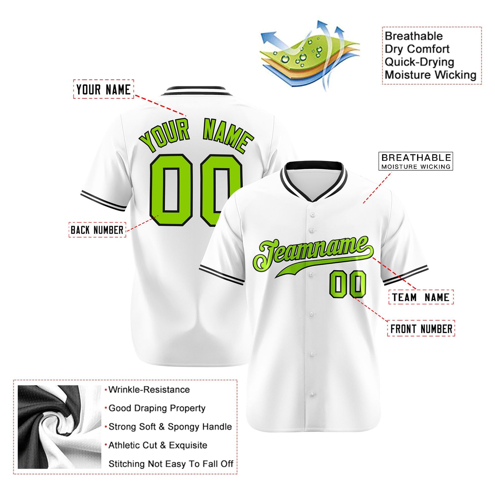 Custom White Neon Green Black Authentic Baseball Jersey