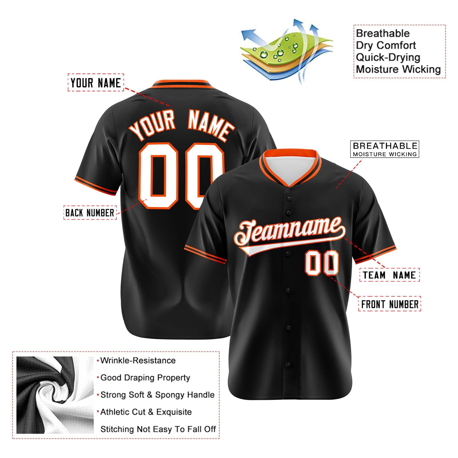 Custom Black Orange White Authentic Baseball Jersey