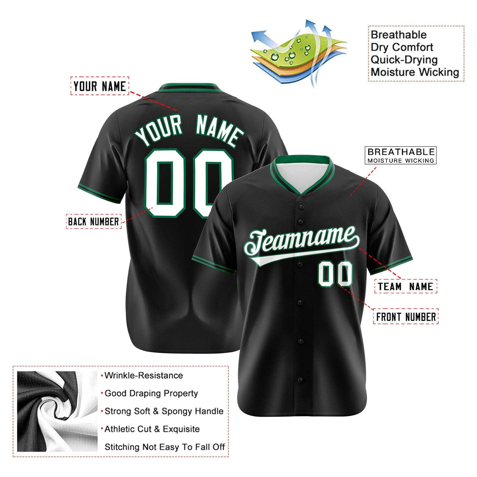 Custom Black Kelly Green White Authentic Baseball Jersey