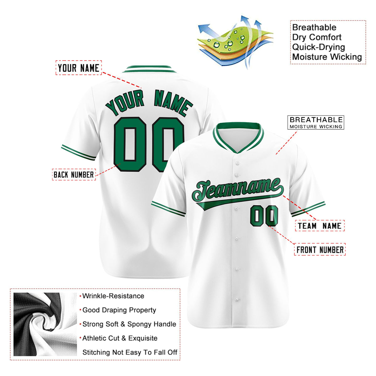 Custom White Kelly Green Black Authentic Baseball Jersey