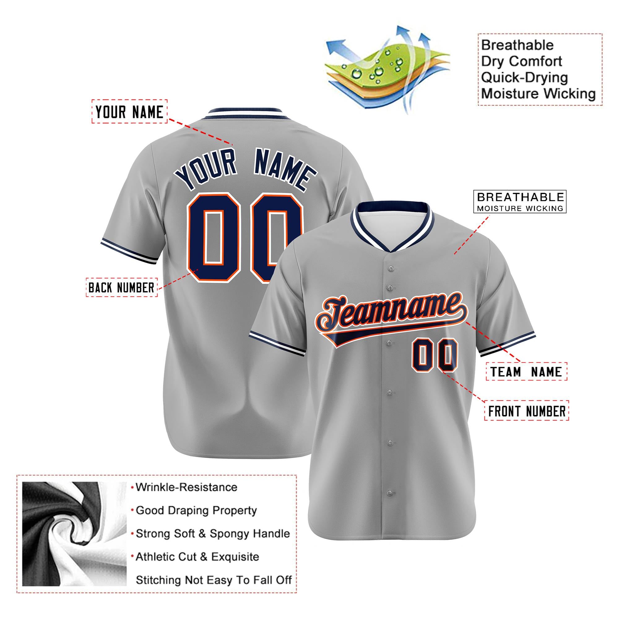 Custom Gray Orange Navy Authentic Baseball Jersey