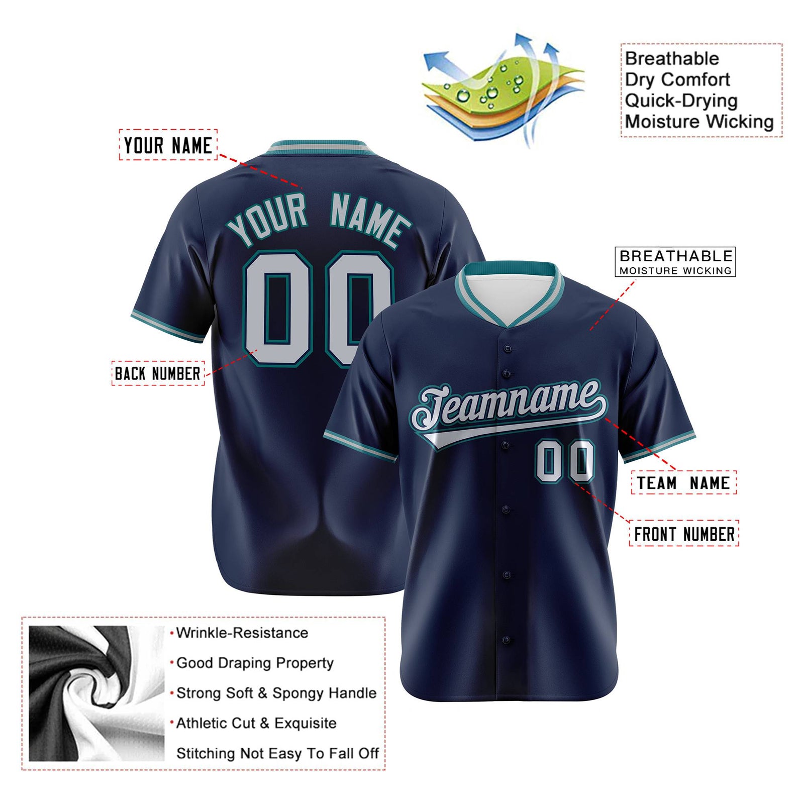 Custom Navy Aqua Gray Authentic Baseball Jersey