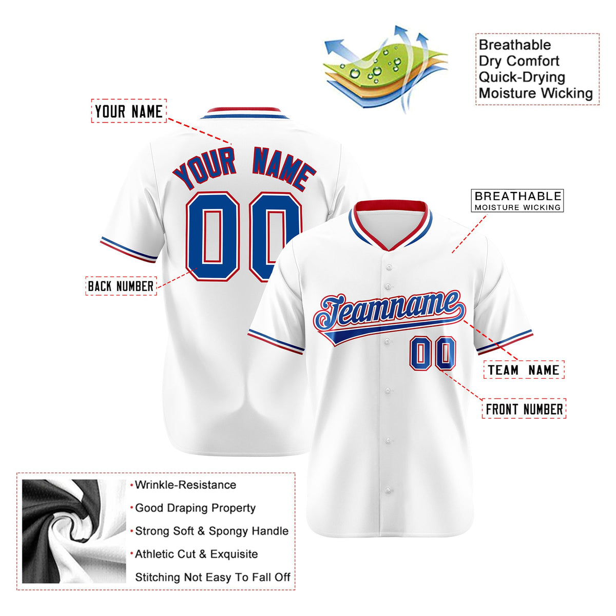 Custom White Royal Blue Red Authentic Baseball Jersey