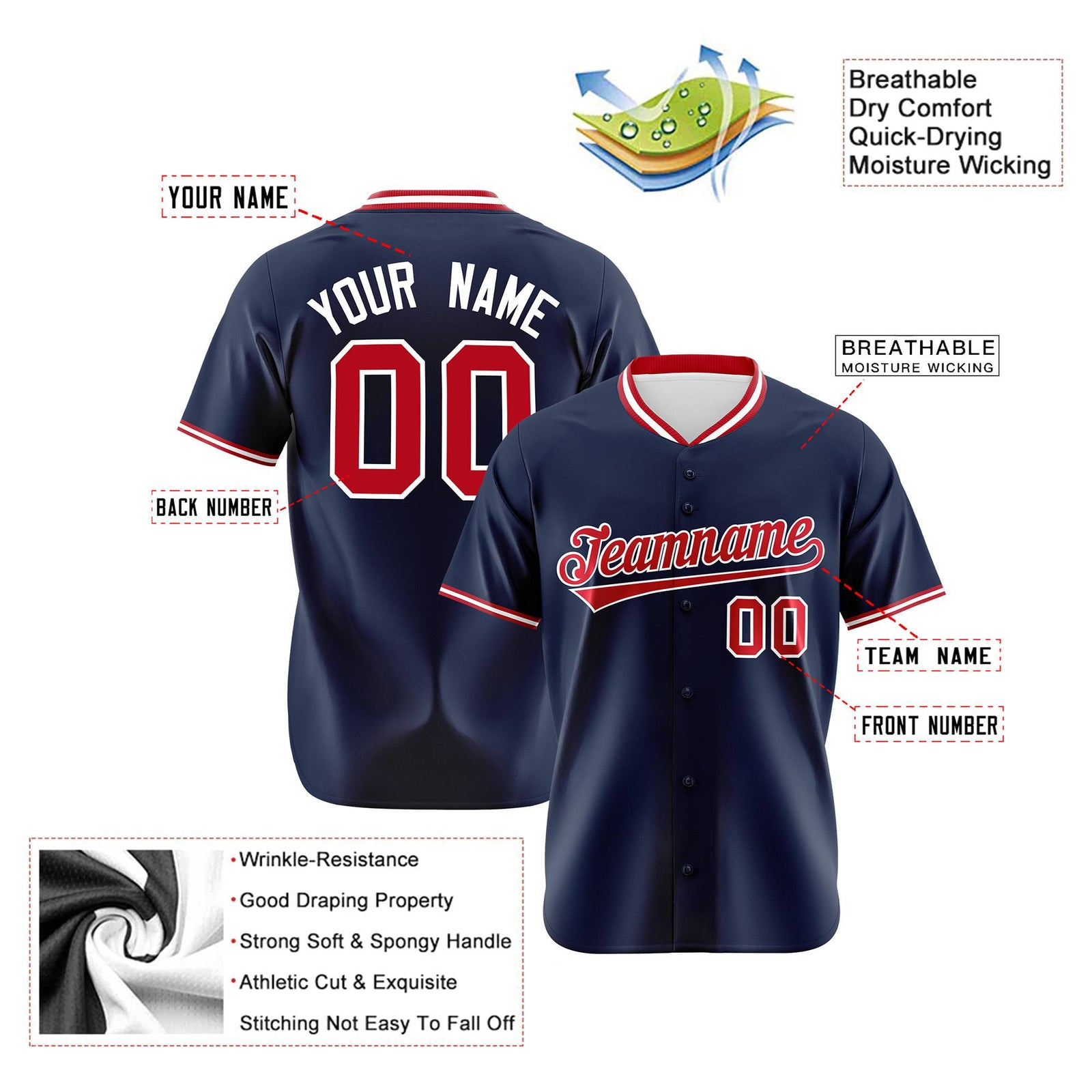 Custom Navy Red White Authentic Baseball Jersey